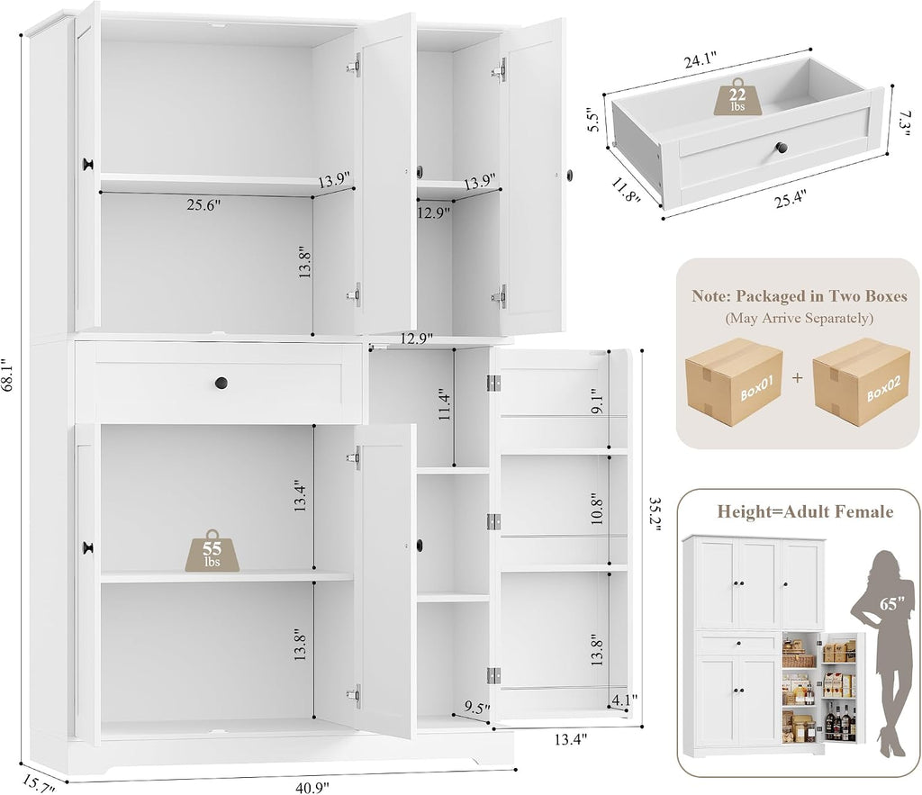 HOSTACK 68' Tall Kitchen Pantry Storage Cabinet, Modern Kitchen Hutch Cabinet with Doors and Shelves, Freestanding Food Pantry with Large Storage Drawer for Dining Room, Living Room, White