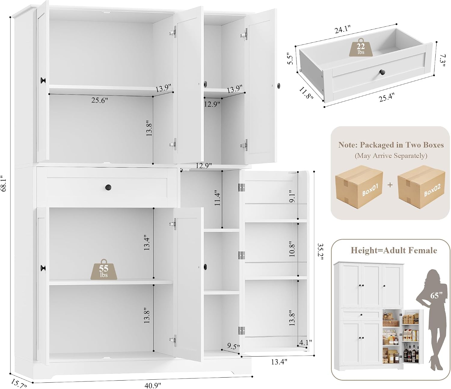 HOSTACK 68' Tall Kitchen Pantry Storage Cabinet, Modern Kitchen Hutch Cabinet with Doors and Shelves, Freestanding Food Pantry with Large Storage Drawer for Dining Room, Living Room, White
