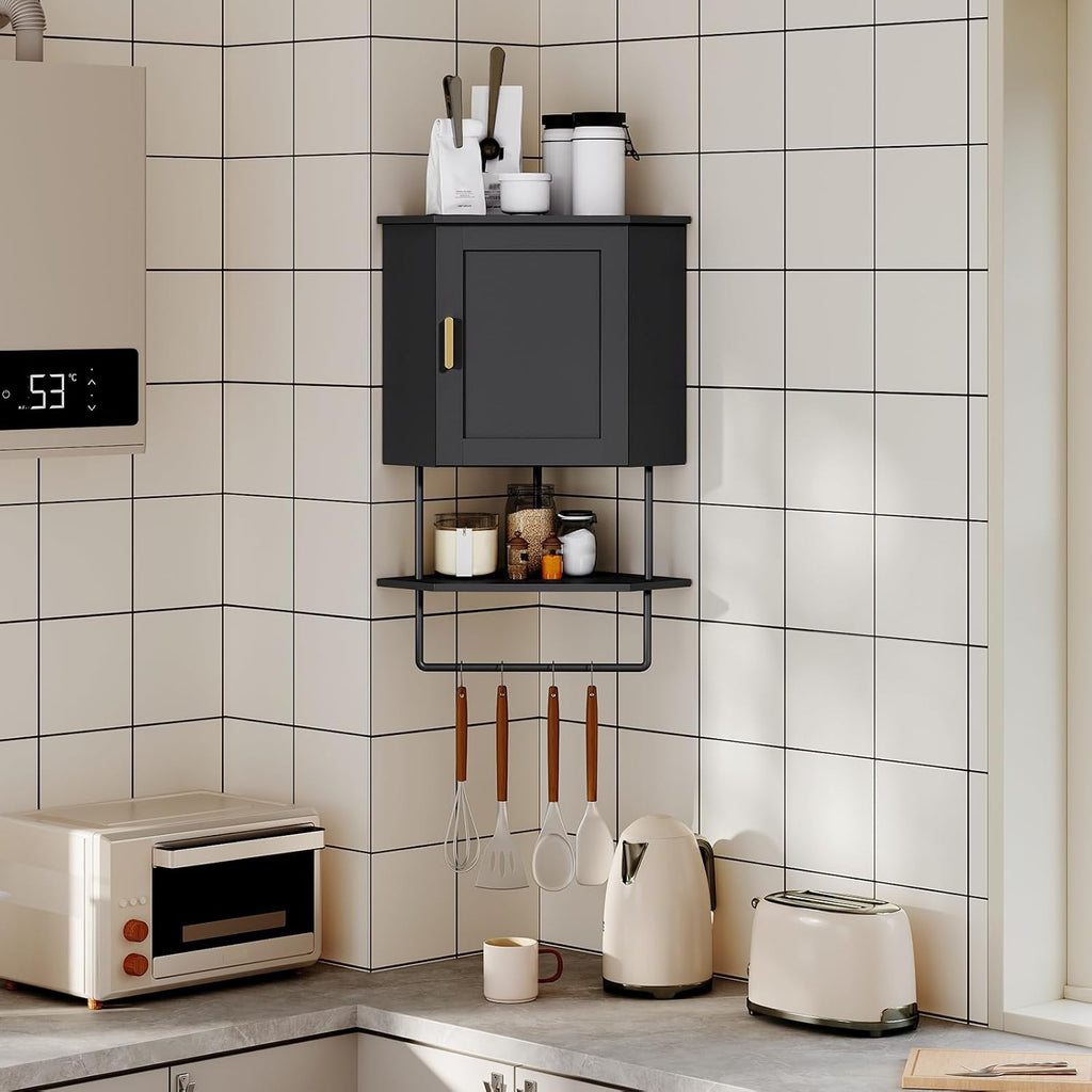MAHANCRIS Bakers Rack and Corner Wall Cabinet Bundle, Microwave Stand with Power Outlet, Wall Mount Storage Cabinet with Adjustable Shelf & Towel Bar, for Bathroom Living Room Kitchen, BRHB40E01-WC45