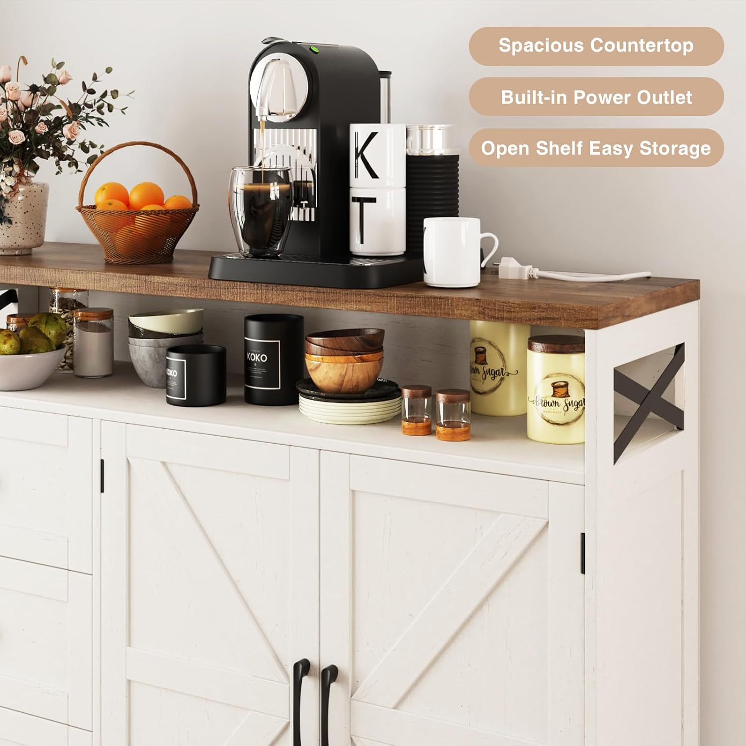Befrases Farmhouse Buffet Cabinet with Drawers & Open Shelf, Sideboard with Storage, Kitchen Pantry Cabinet Hutch, Coffee Bar Station for Kitchen, Livingroom, 47' L White