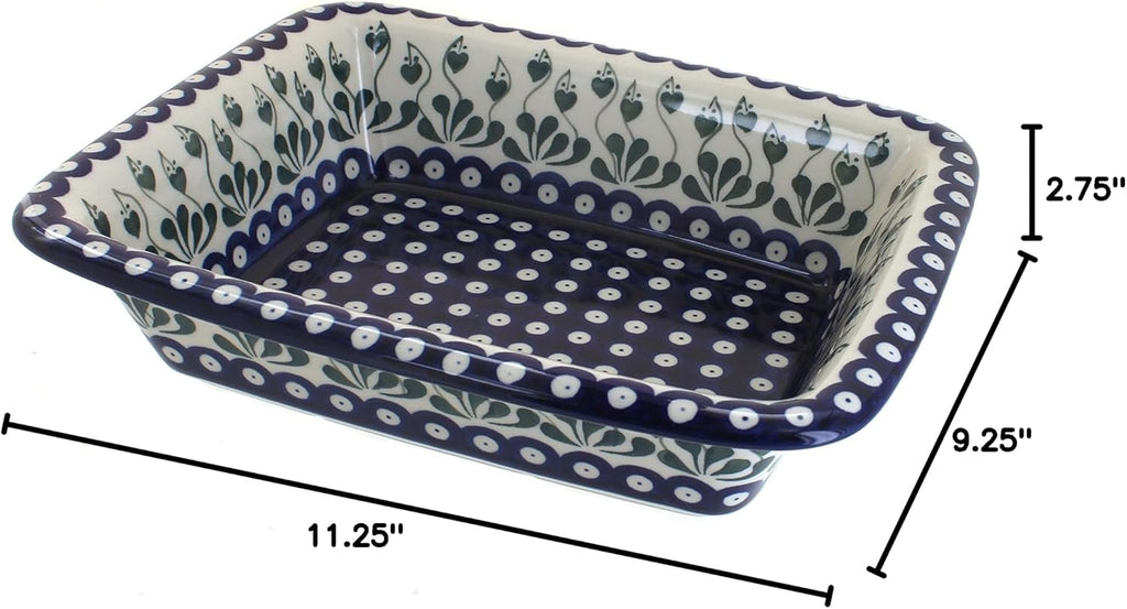 Blue Rose Polish Pottery - Blue Alyce Small Rectangular Baker - 11.25' x 9.25' - Unique, Dishwasher Safe, & Durable Bakeware