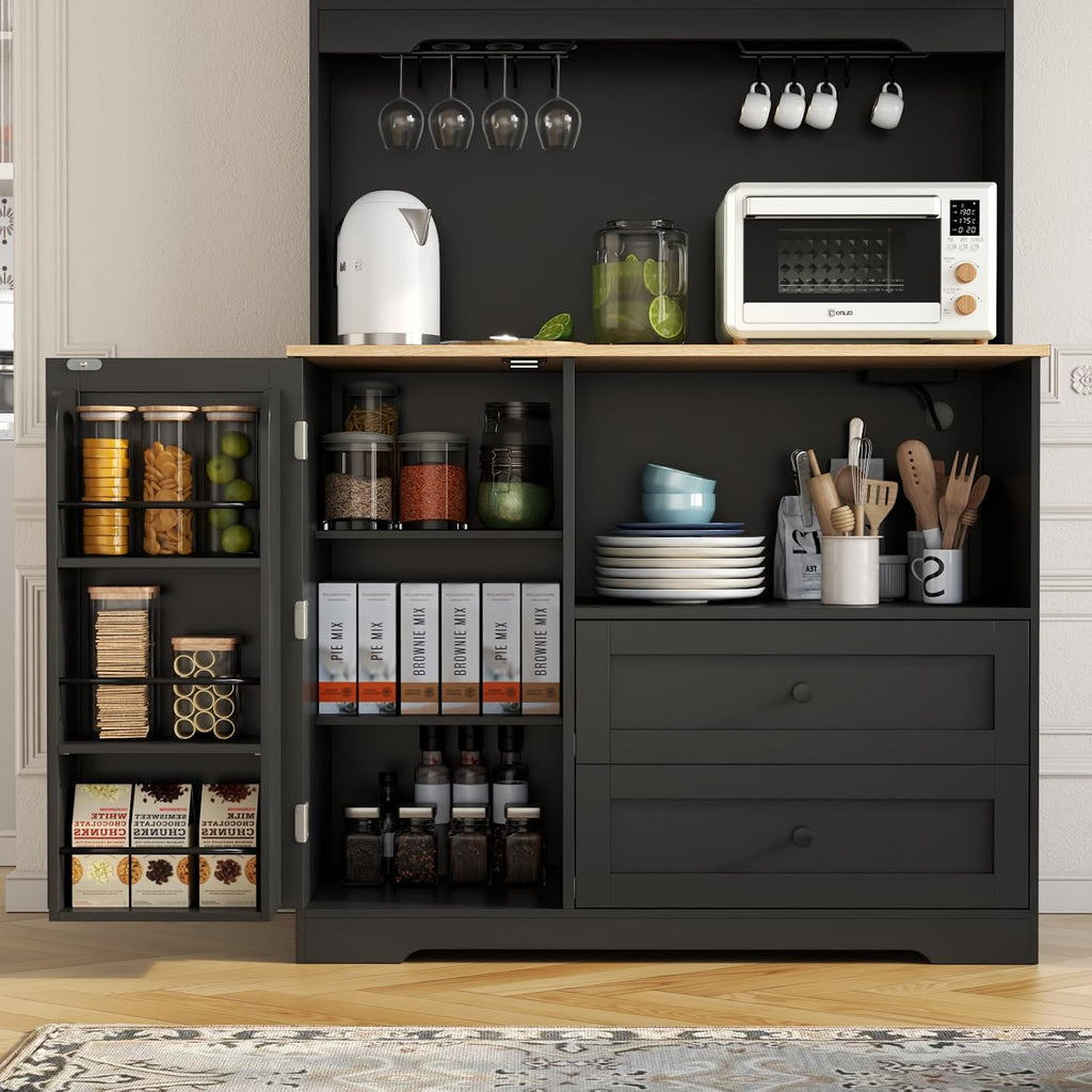 Gyfimoie 68' Tall Kitchen Pantry Storage Cabinet with Charging Station, Upgrade Pantry Cabinet with Doors & Shelves and Wine Glass Holder,Kitchen Hutch Cabinet with Microwave Stand for Kitchen(Black)