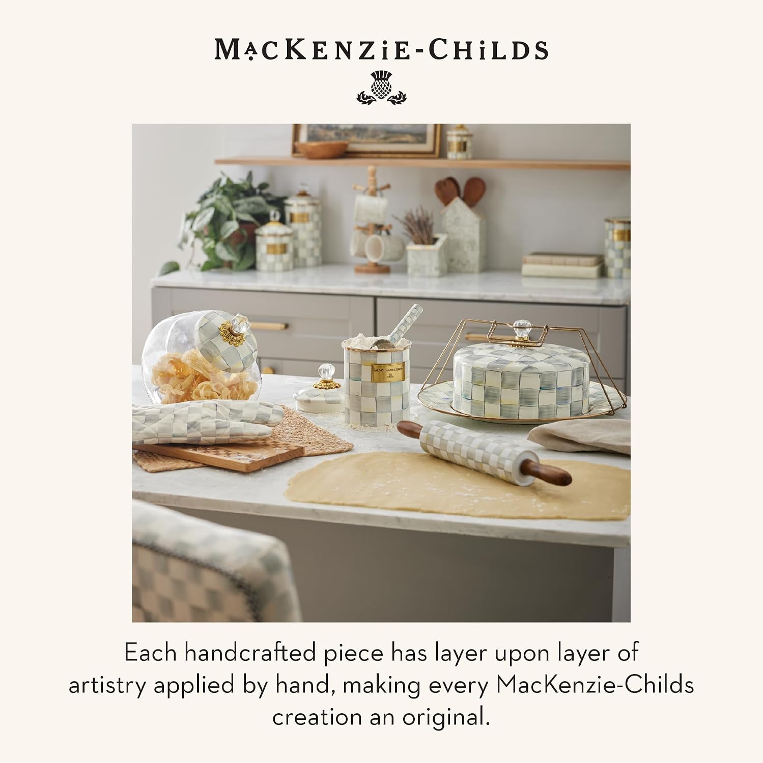 MACKENZIE-CHILDS Everyday Oval Casserole Baker, Cute Oven Baker, Large, Gray-and-White Sterling Check