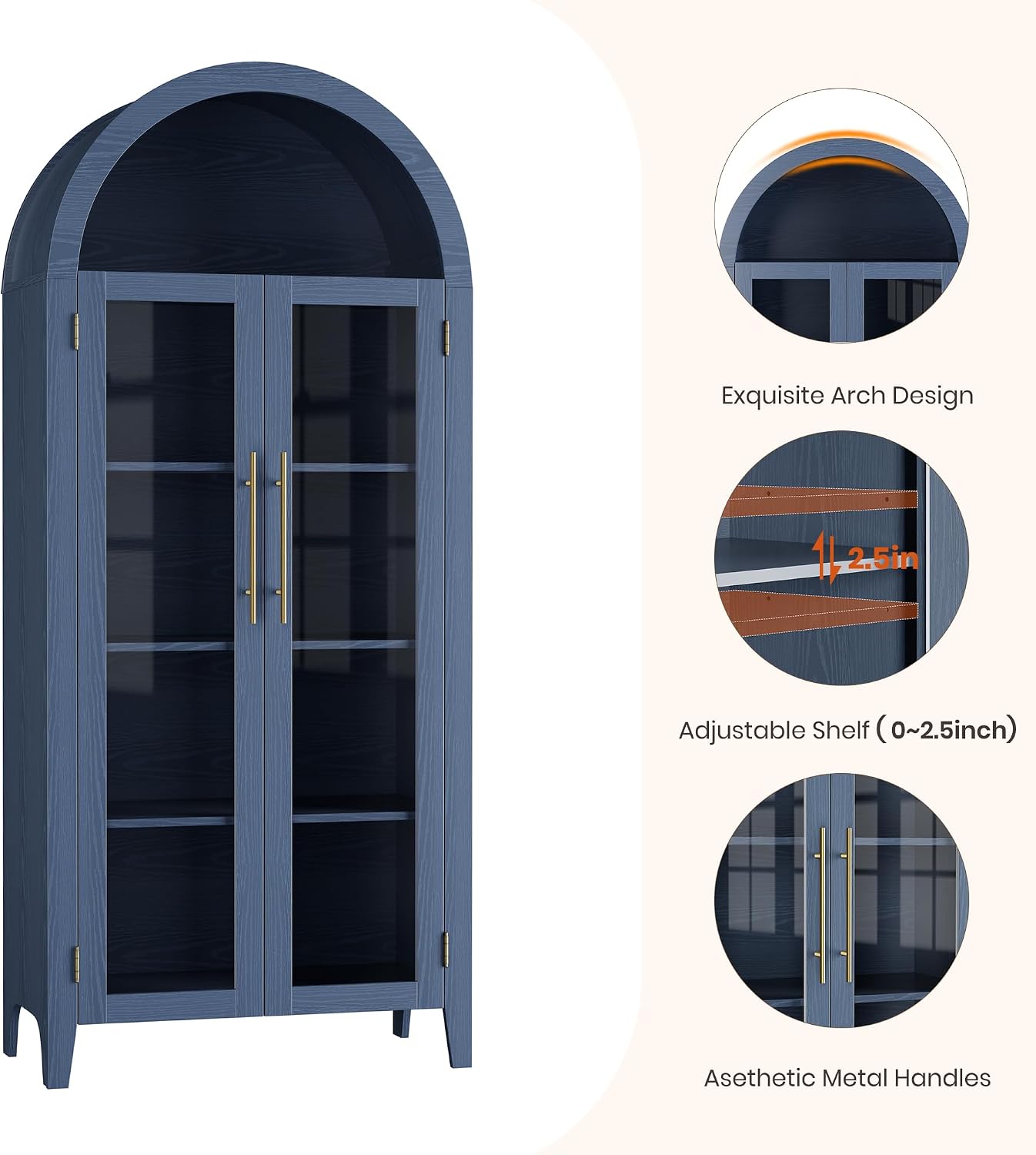 GarveeHome Arched Kitchen Pantry Cabinet - Farmhouse 5 Tier Display Shelf with Adjustable Shelf and 2 Large Glass Doors, Versatile Storage Cupboard for Kitchen, Dining Room, Living Room, Night Blue