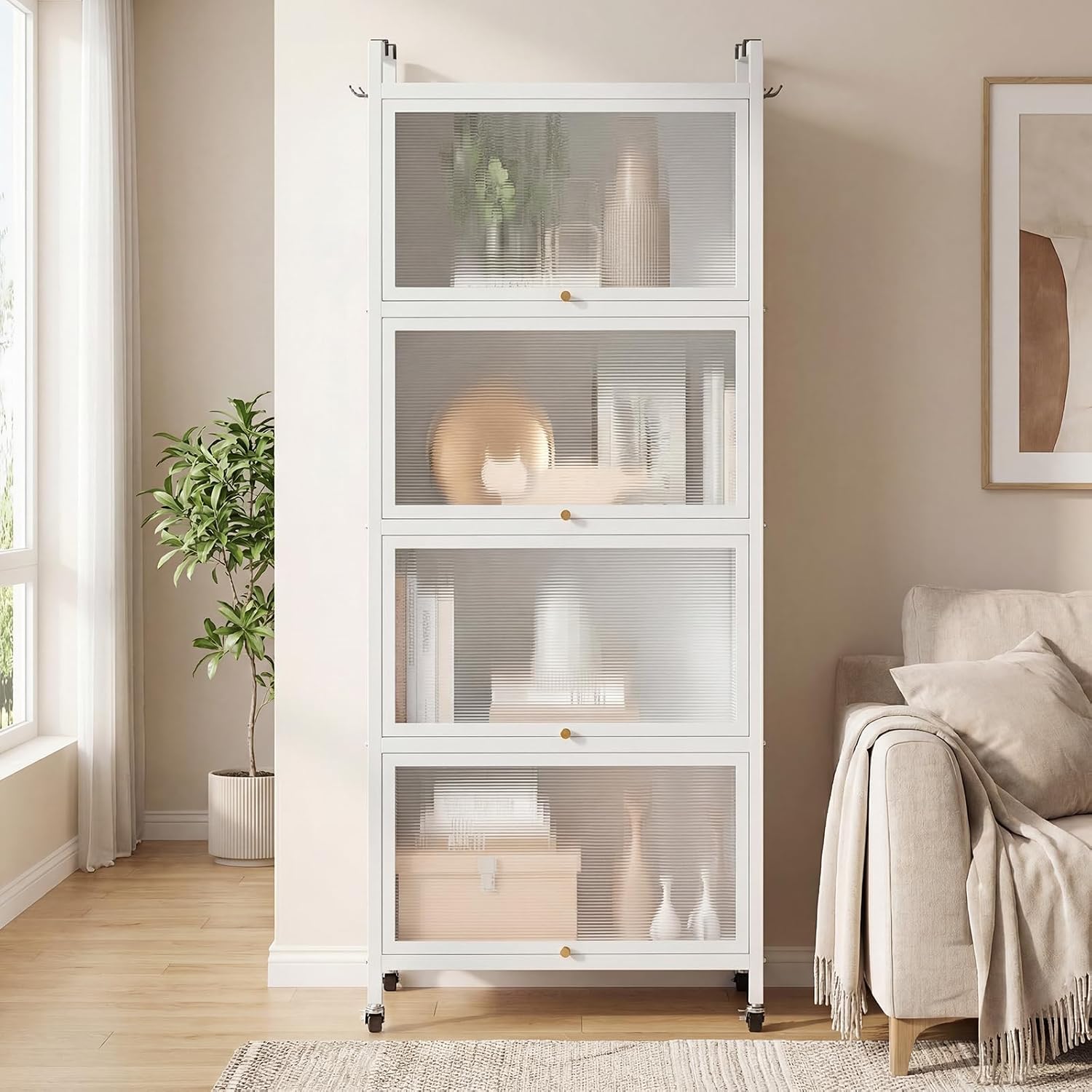 MAT EXPERT 5-Tier Kitchen Storage Cabinet, Freestanding Appliance Cabinet on Wheels with Flip Door & Anti-Topping Device, Kitchen Pantry Bakers Rack for Living Room, Study(White)