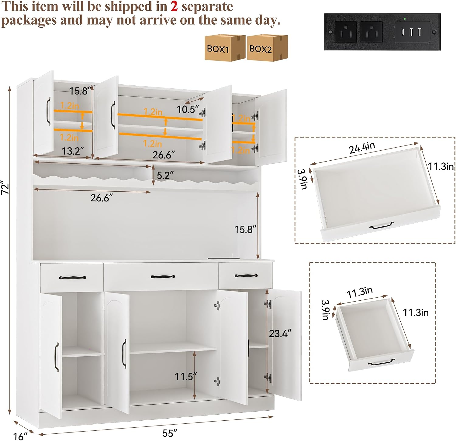 72' Tall Kitchen Pantry Cabinet with Charging Station 55' Wide Kitchen Hutch Cabinet with LED Light and Countertop Large Kitchen Pantry Storage Cabinet With Adjustable Shelves and Wine Rack