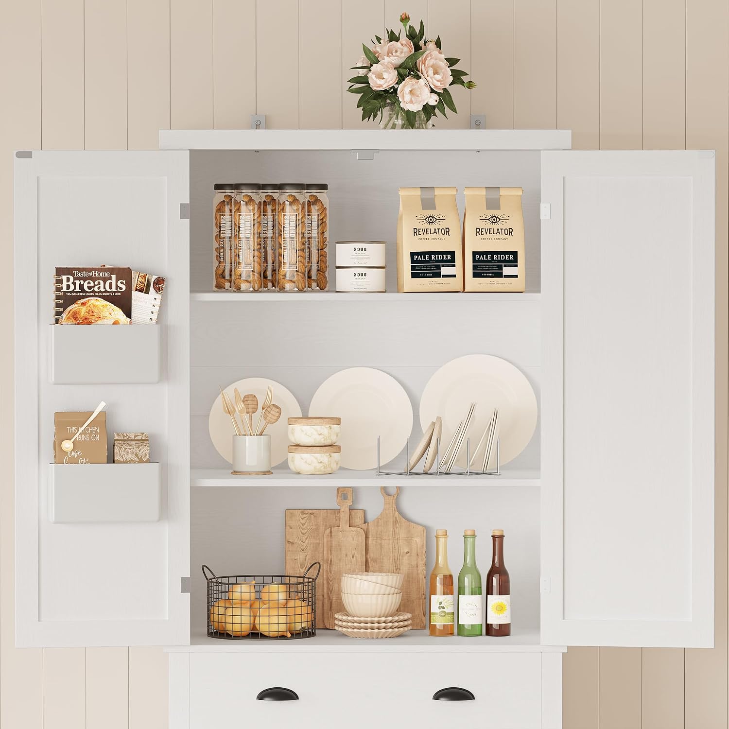 IRONCK Kitchen Pantry Storage Cabinet 83.9' H, with Barn Doors, Drawer, 4 Adjustable Shelves, Freestanding Cupboard for Dining Room Living Room, Laundry, White