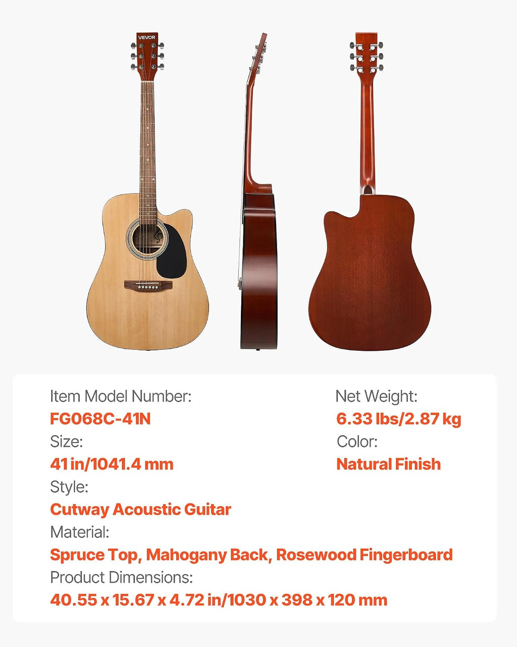 VEVOR Cutway Acoustic Guitar, 41 in, 6-String, Natural Solid Spruce Top Guitar, Beginner Bundle with Gig Bag, Tuner, Strap, Steel Strings, Picks, Capo, Rosewood Fingerboard, for Fingerstyle Solo Jazz