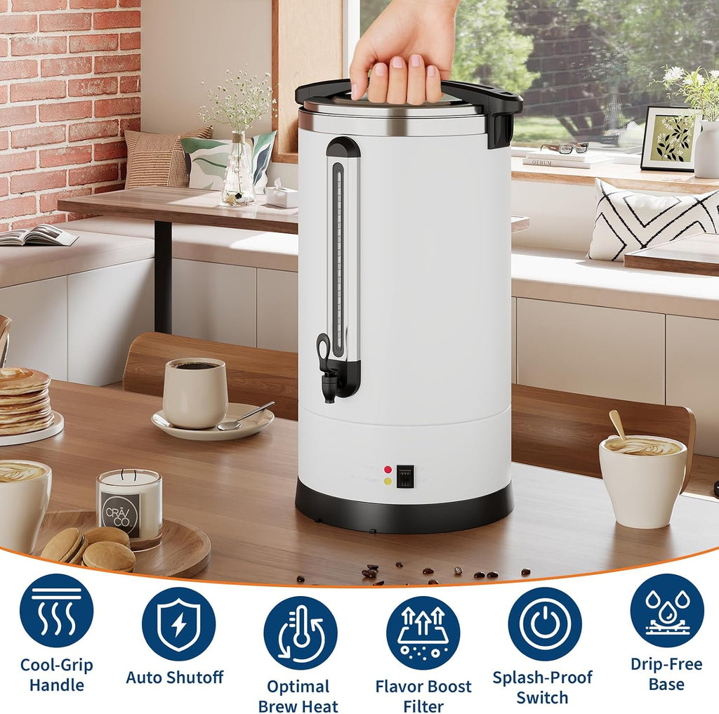 TROPOW Commercial Coffee Urn 100 Cup- 14L/3.7 Gal Coffee Maker,Double-Wall Insulated Stainless Steel Electric Coffee Maker, Hot Water Dispenser for Catering, Wedding, Buffet, Party