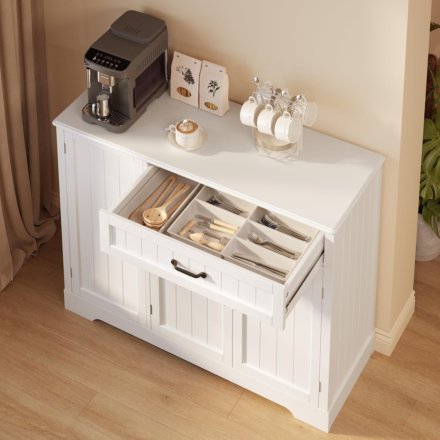 Gizoon Kitchen Coffee Bar Cabinet with Storage Kitchen Sideboard Buffet Cabinet with Drawers, Short Pantry with Door and Shelves for Bathroom and Living Room, White, Painted