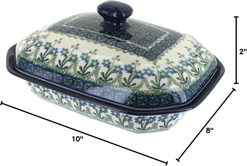 Blue Rose Polish Pottery - Blue Posy Medium Covered Baker - 3 Cup Capcaity - Unique, Dishwasher Safe, & Durable Bakeware