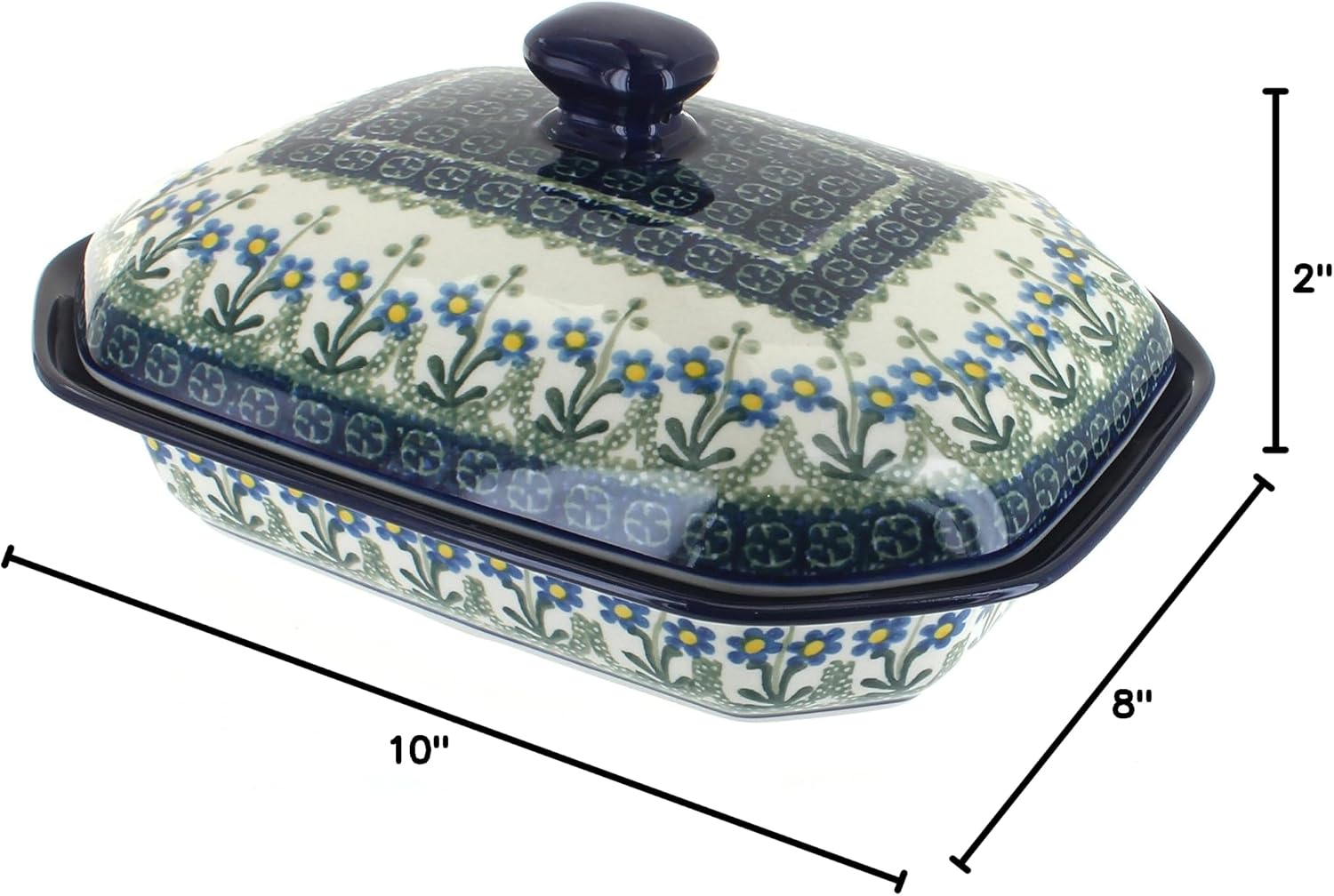 Blue Rose Polish Pottery - Blue Posy Medium Covered Baker - 3 Cup Capcaity - Unique, Dishwasher Safe, & Durable Bakeware