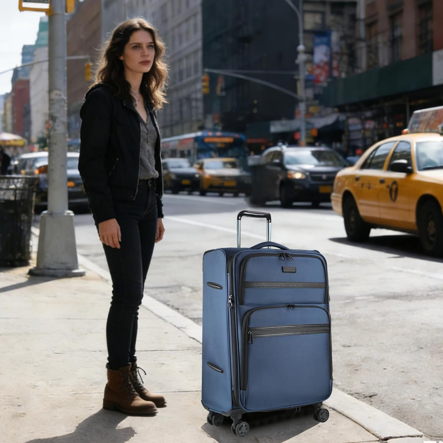 KROSER Softside Expandable checked Luggage with Front Business Pockets，24 Inch Suitcases with Spinner Wheels & Built-in TSA Lock, Durable Suitcase Rolling Luggage, Haze Blue