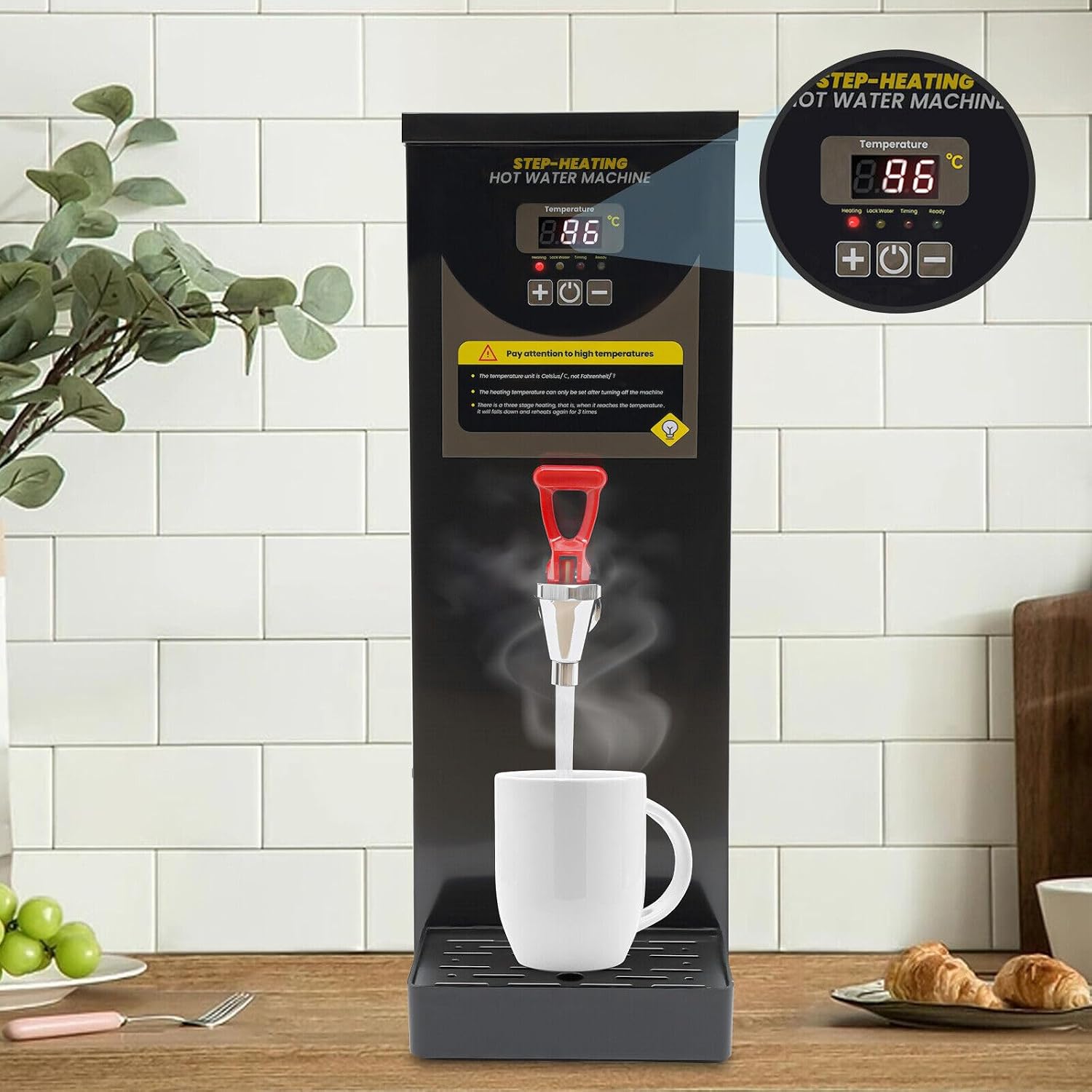Commercial Hot Water Dispenser, 20000W Electric Water Boiler Electric Warmer Black Hot Water Machine, 86-212℉, Stainless Steel Liner and LCD Display, for Restaurant, Hotel, Office