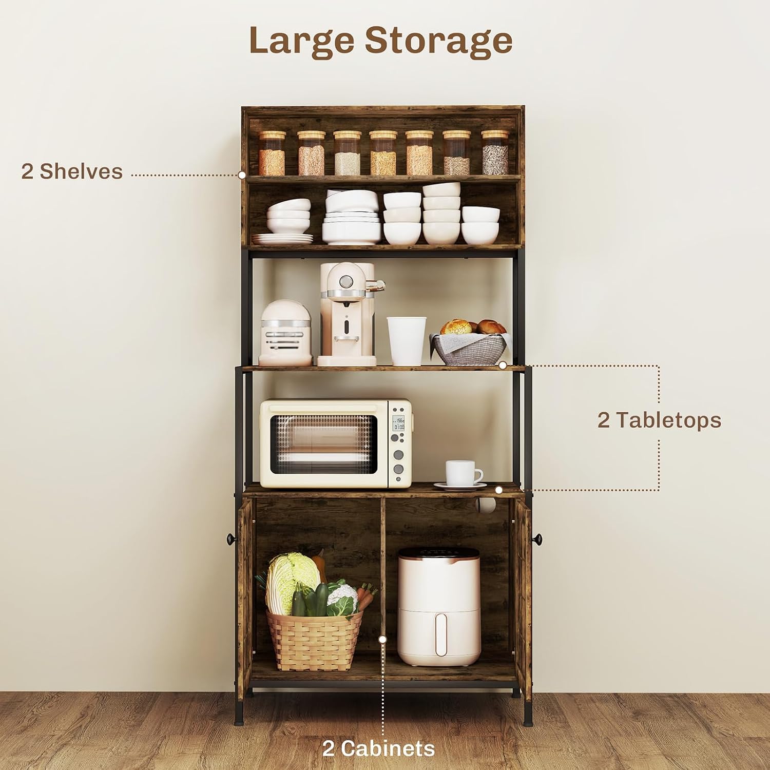 Bake Rack with Power Outlet, Kitchen Microwave Rack with Storage Space, Two Ac Outlets and Two U+B Ports, Rustic Brown (Brown)