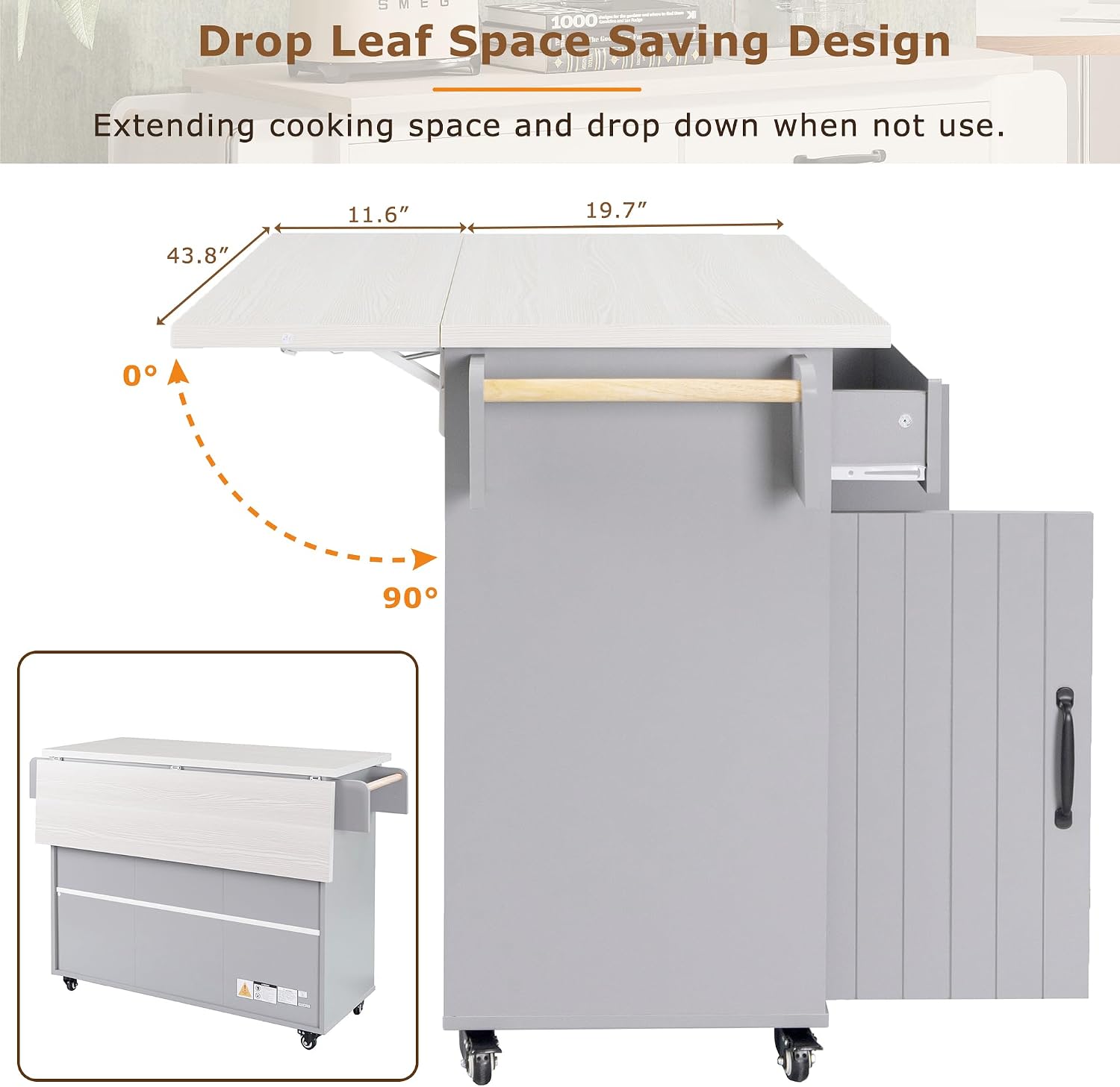 Farmhouse Kitchen Island with Trash Can Storage Cabinet, Kitchen Cart with Drop Leaf, Spice Rack, Towel Rack and Drawer, Rolling Kitchen Island on Wheels with Adjustable Shelf (Grey1)
