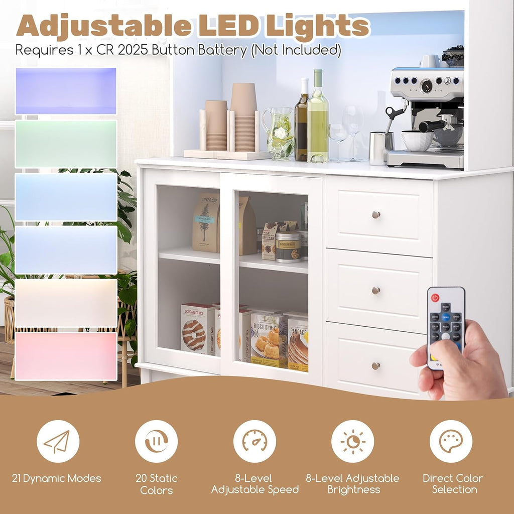 Giantex 73' Kitchen Pantry Storage Cabinet, Buffet Hutch Cabinet with LED Lights & Power Outlet, Kitchen Sideboard w/Wine Glass Racks, Countertop, Adjustable Shelves, Drawers for Dining Room (White)