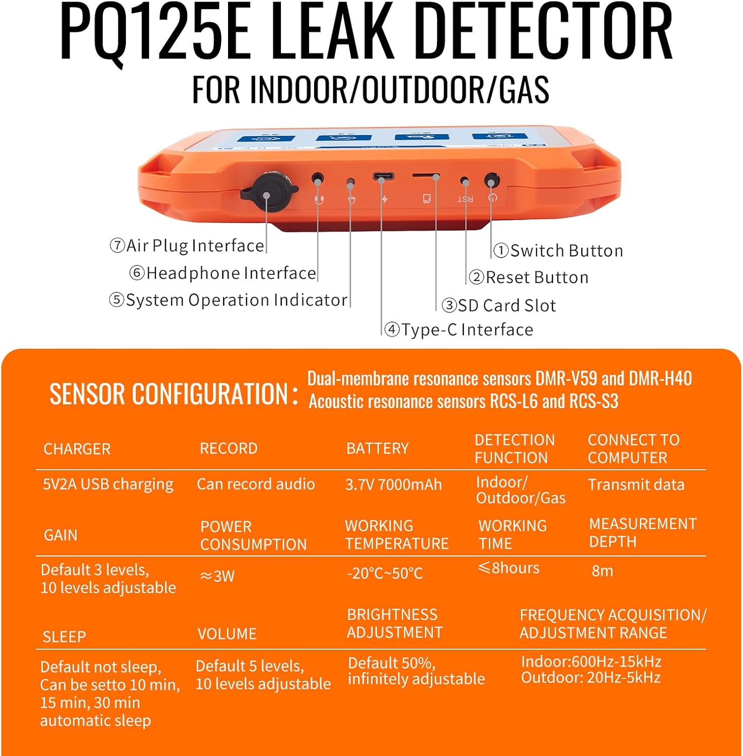 Underground Water Leak Detectors PQ125E All Scenario and Gas Wall Pipe Water Leakage Detection with Touchscreen Earphone and Carrying Case Multi Sensor Acoustic Pipeline Sound Intensifier