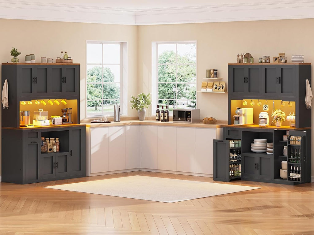 Itaar 71' Pantry Cabinet with Charging Station and LED Light, Kitchen Pantry Cabinet with Microwave Stand, 47.2' Wide Kitchen Storage Cabinets with Storage Cart 3 Tier for Dining Room, Black