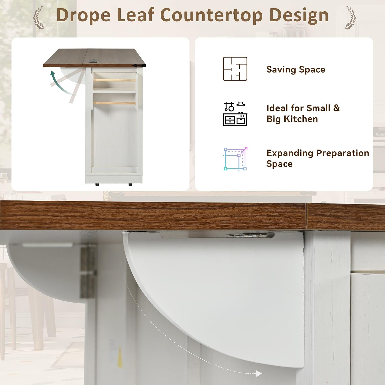 53.7' Farmhouse Rolling Kitchen Island Cart on Wheels with Power Outlet, Storage Island with Drop Leaf, Spice Rack, 2 Sliding Barn Door and Drawer for Dining Room Kitchens Living Room White