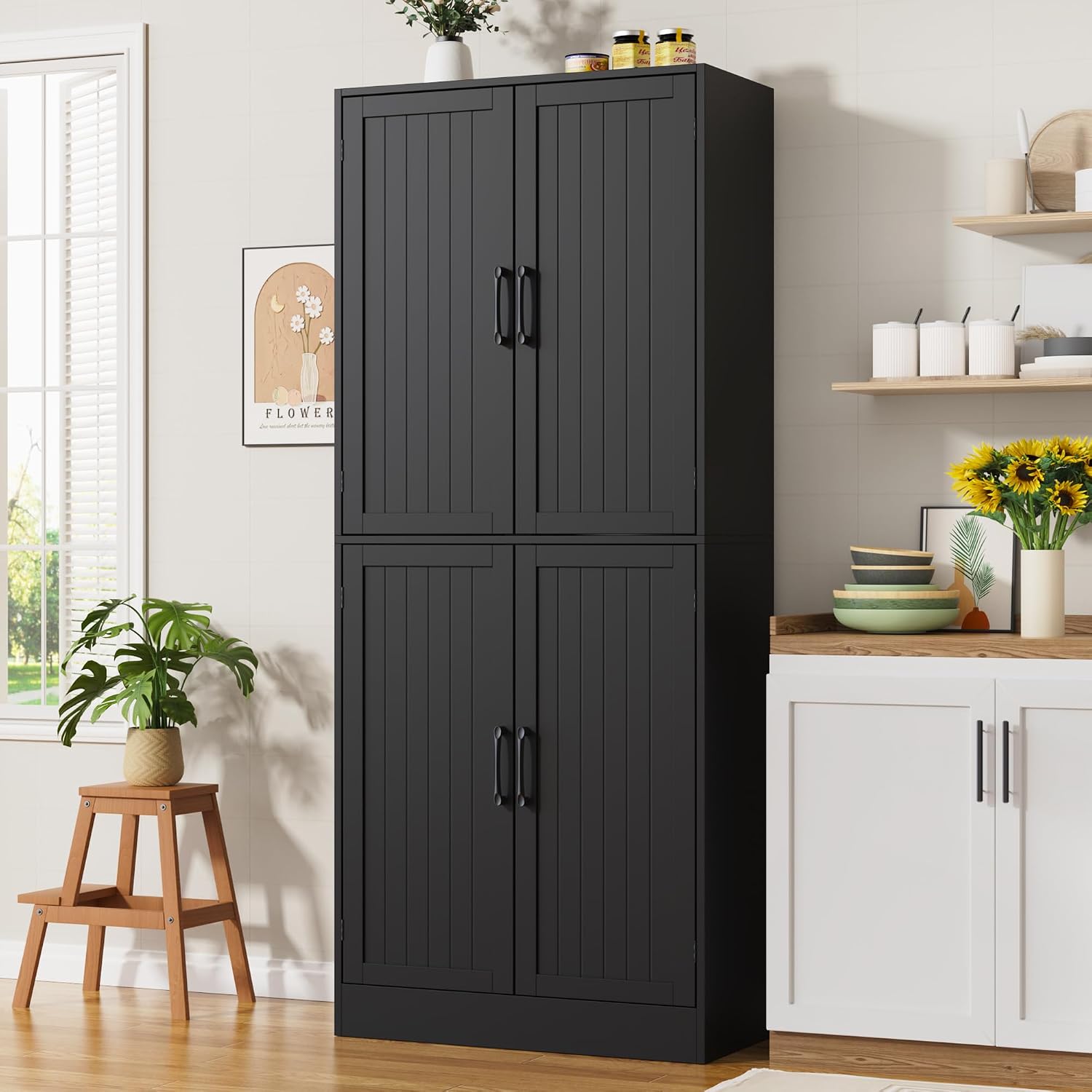 MHOM 71' Farmhouse Pantry Cabinet, Tall Storage Cabinet with 4 Doors and Adjustable Shelves, Freestanding Pantry for Dining Room, Kitchen, and Living Room, Black
