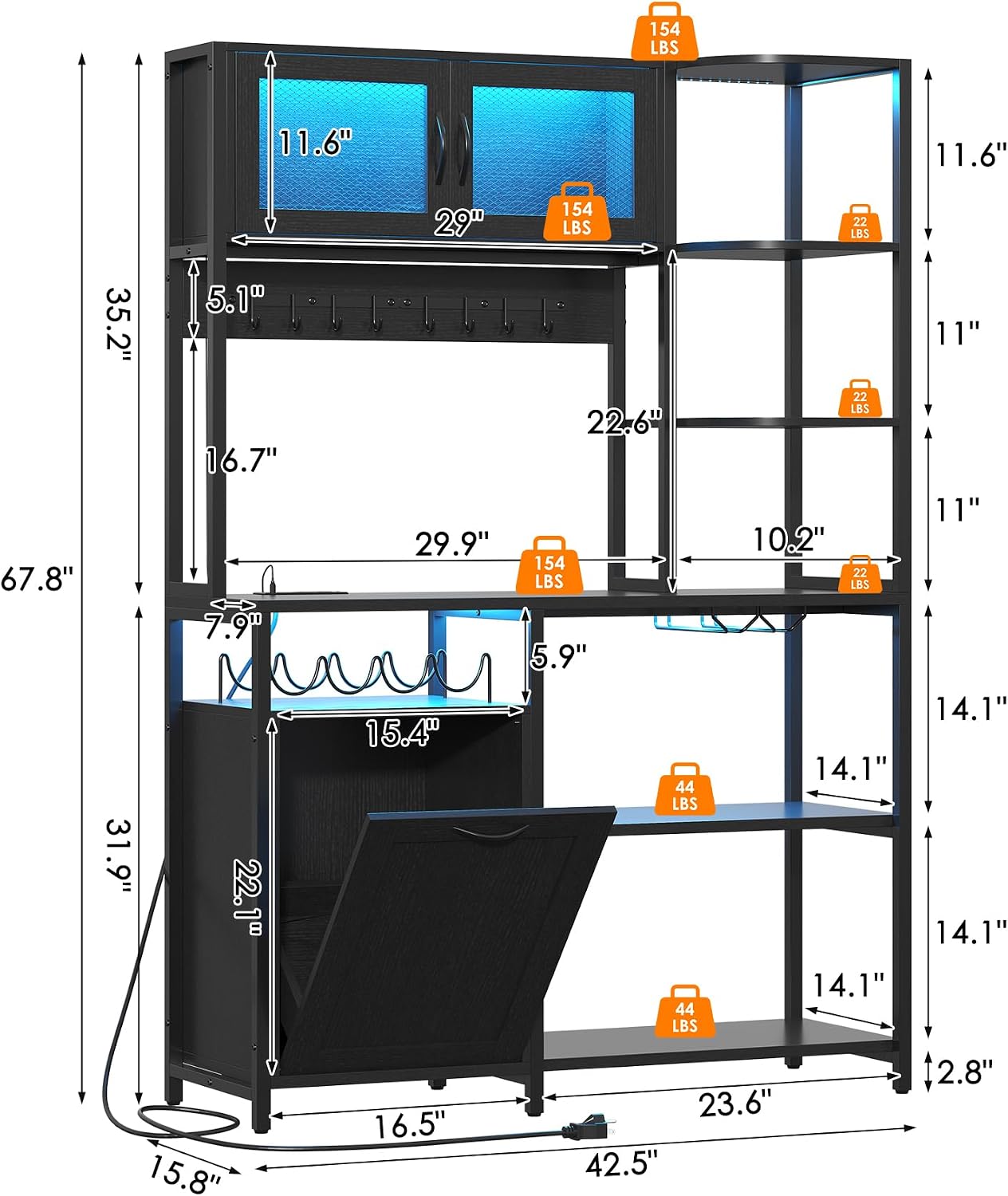 Bakers Rack with Power Outlet and LED Light, 6-Tier Commercial Bakery Racks, Kitchen Microwave Stand with Storage Cabinet, Kitchen Tilt Out Trash Cabinet, 15.8' D x 42.5' W x 67.8' H, Black