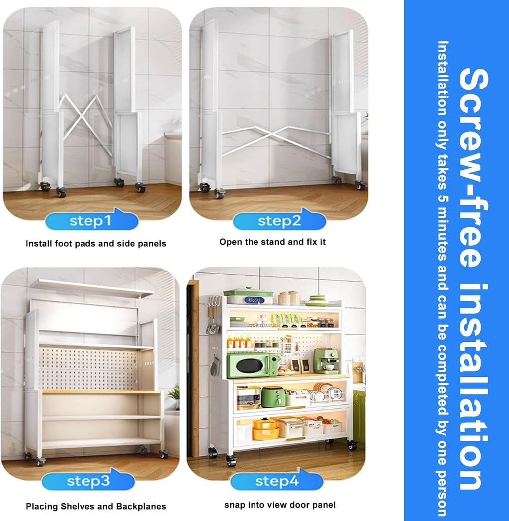 5-Tier Kitchen Bakers Rack with Power Outlets, Mobile Storage Shelves on Wheels, Large Kitchen Cabinet Organizer for Garage, Pantry & Home (White, 31.5in)