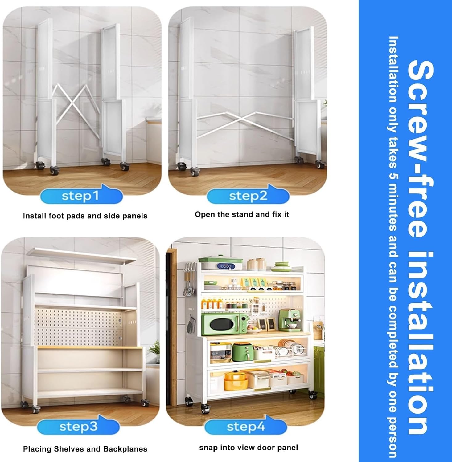 5-Tier Kitchen Bakers Rack with Power Outlets, Mobile Storage Shelves on Wheels, Large Kitchen Cabinet Organizer for Garage, Pantry & Home (White, 31.5in)