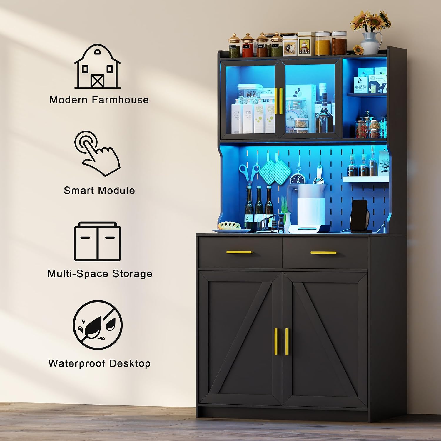 LED Kitchen Pantry Cabinet with Outlets, Farmhouse Storage Cabinet with Drawers & Adjustable Shelves, 64' Tall Cupboard with Pegboard & Hooks for Dining Room (Black)