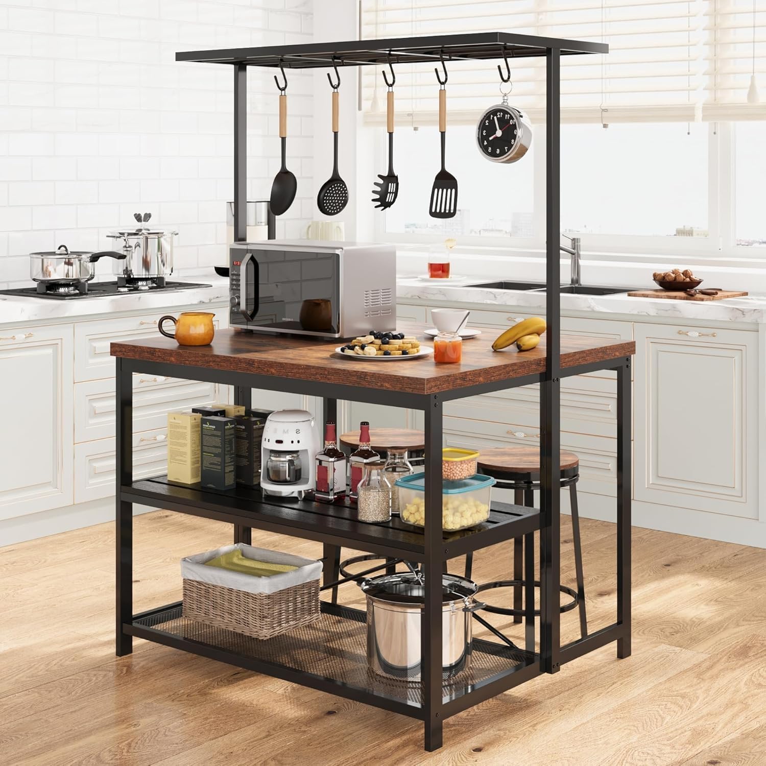 Wood Kitchen Island Table with Power Outlets, Baker's Rack, 3-Tier Shelves, 5 Hooks, Microwave Stand, Multi-Functional Large Coffee Bar for Kitchen, Dining, Living Room