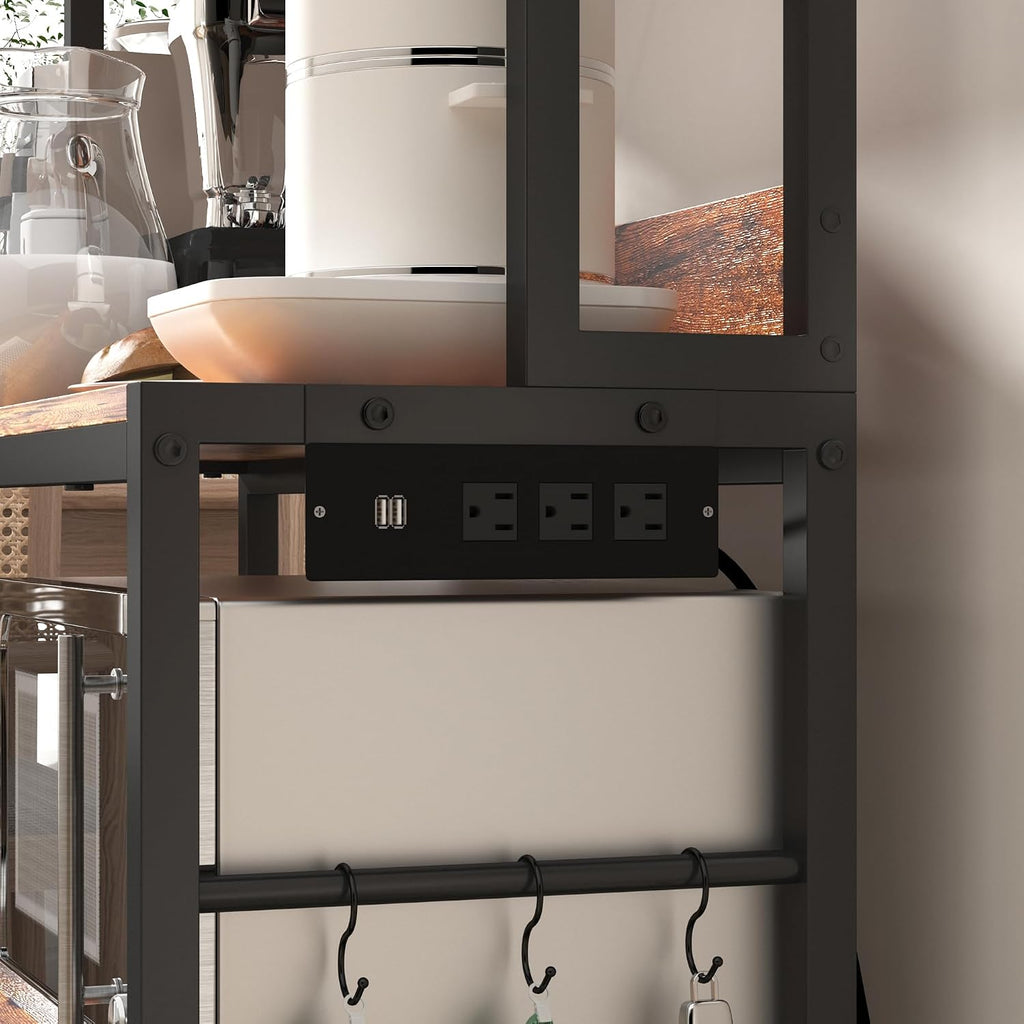 Baker Rack with Power Outlet,5-Tier Free Standing Storage Shelf Rack with Hooks,Microwave Stand with Storage, Metal Kitchen Shelf Rack for Spices,Coffee Bar Station