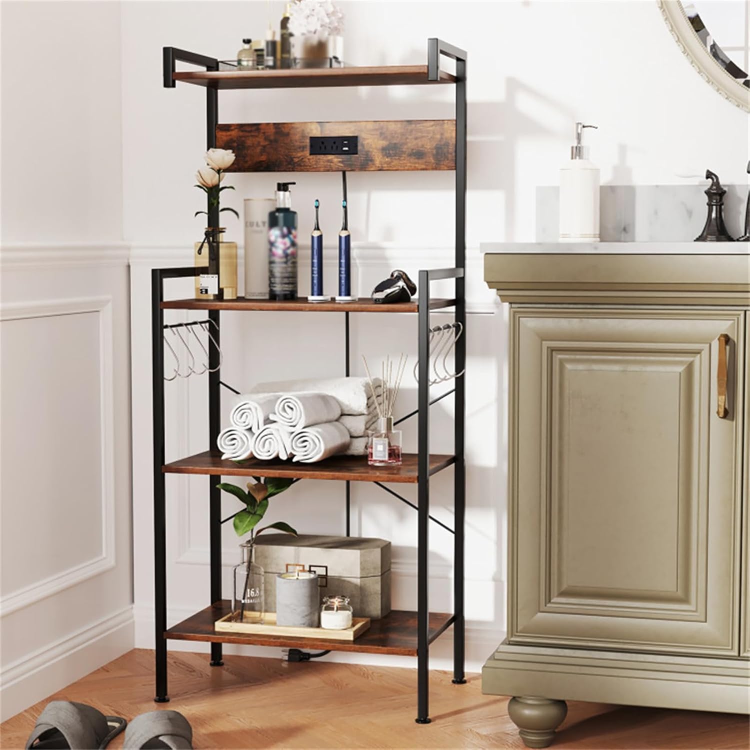 Kitchen Baker's Rack with Power Socket, Microwave Rack with 4 Shelves and 8 S-Shaped Hooks, Kitchen Storage Rack for Spices and Pots, Rustic Brown