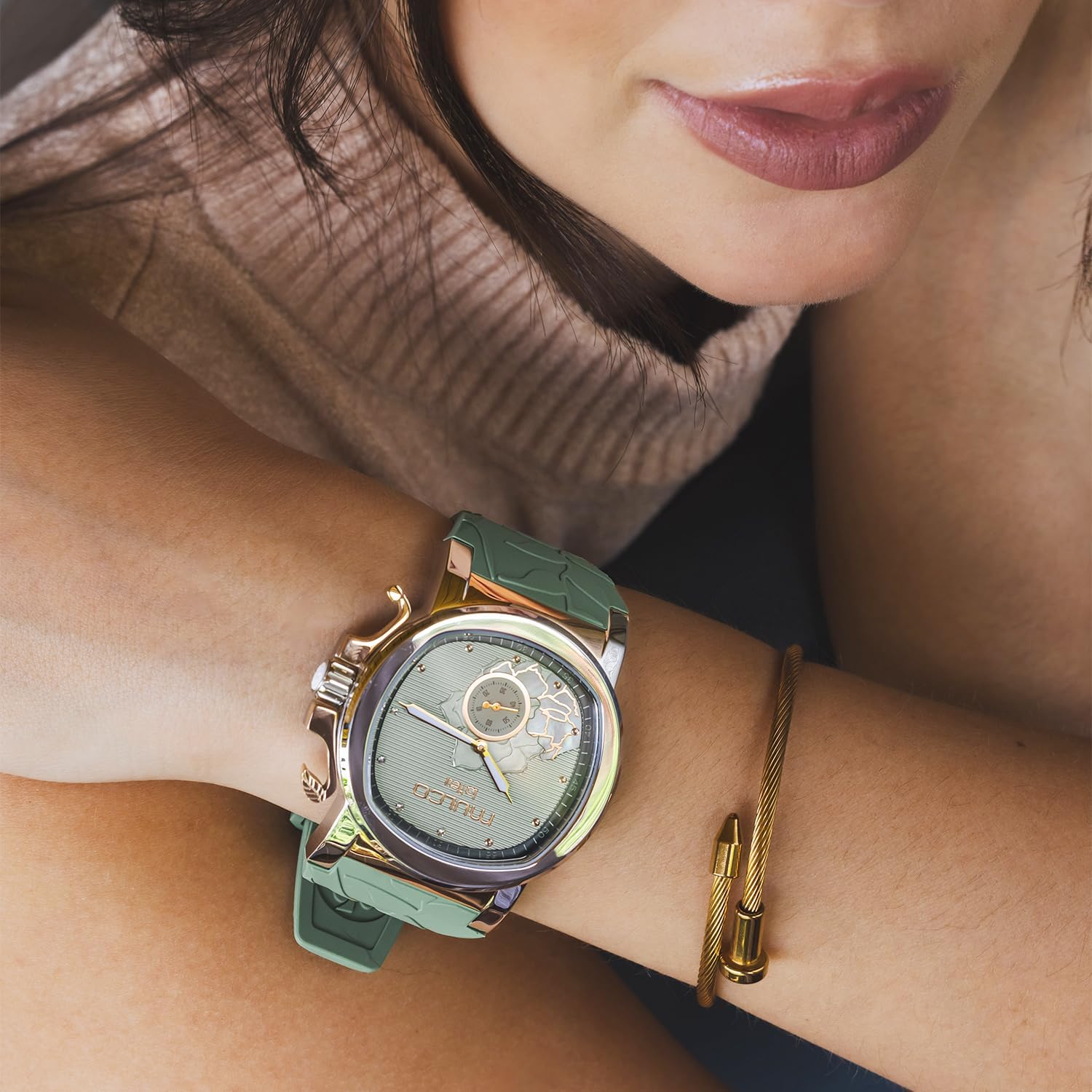MULCO Le Fleur Gardenia Women's Watch – 43 mm Stainless-Steel Case, Rose-Gold Bezel, Mother-of-Pearl Dial with Crystal Accents, Pure Silicone Strap, Quartz Multifunction Movement, 10 ATM Waterproof