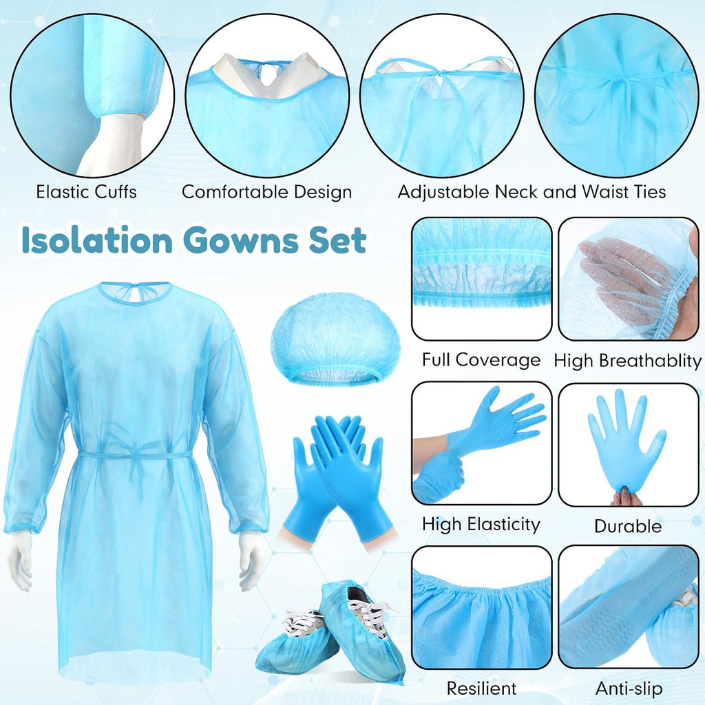 Xuhal Blue Disposable Isolation Ppe Gowns Set Bouffant Caps with Elastic Cuffs Gloves and Shoe Covers for Labs