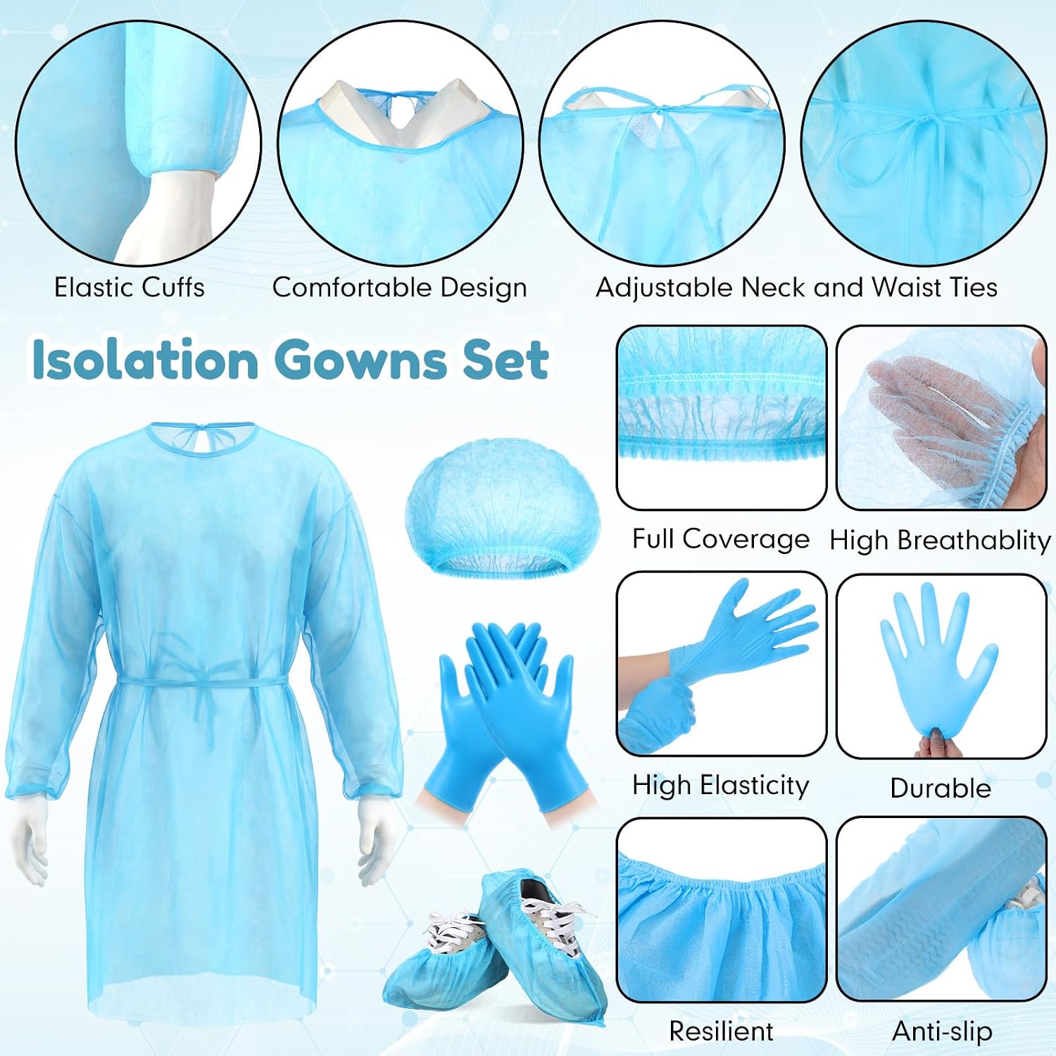 Xuhal Blue Disposable Isolation Ppe Gowns Set Bouffant Caps with Elastic Cuffs Gloves and Shoe Covers for Labs