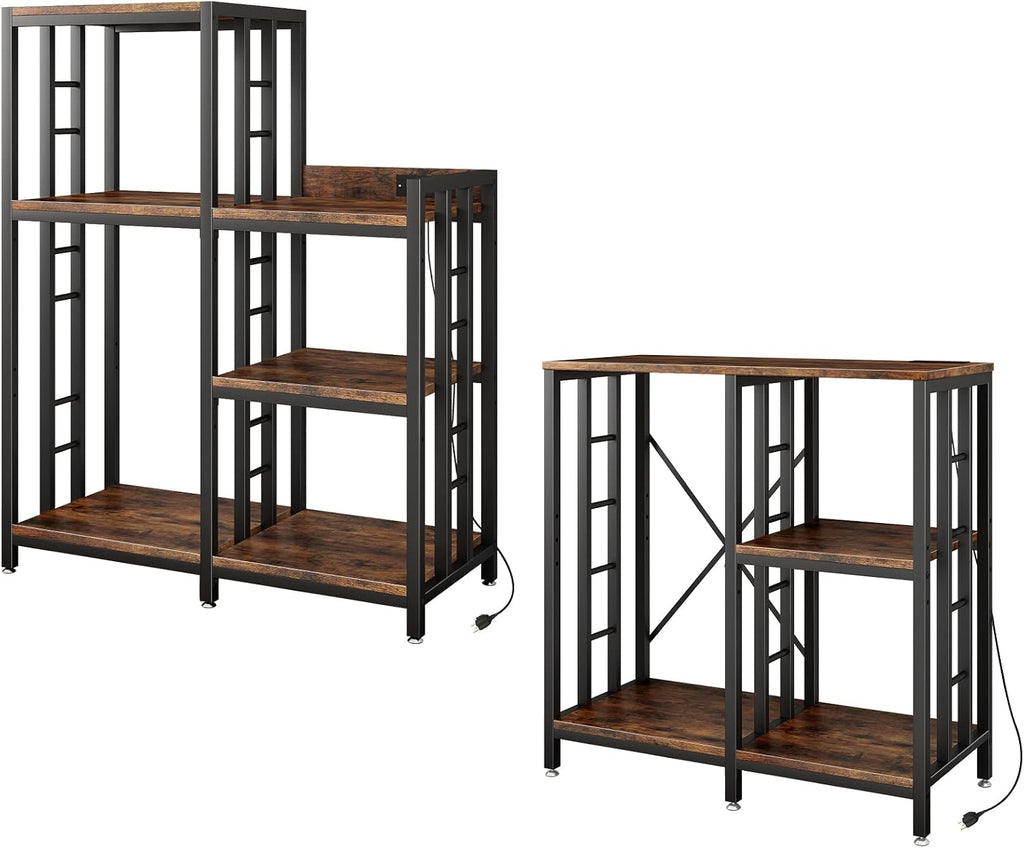 METYERRY Adjustable Mini Fridge Cabinet with Power Outlet,Kitchen Bakers Rack with Storage,Mini Fridge and Microwave Stand, Suitable for Office,Coffee Bar,Living Room, Dorm,Patio,Rustic Brown