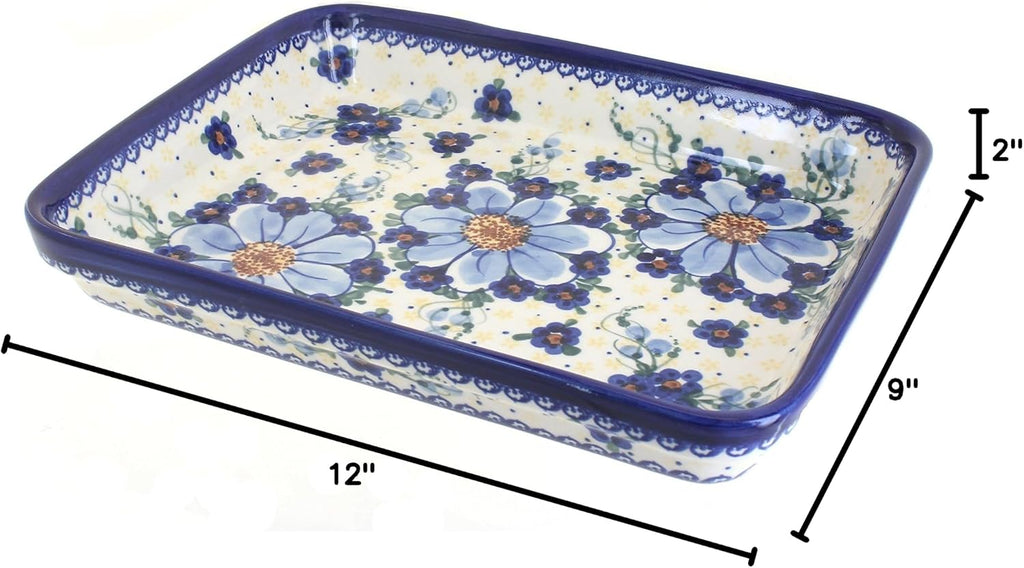 Blue Rose Polish Pottery - Blue Daisy Surprise Medium Rectangular Baker - 12' x 9.25' - Unique, Dishwasher Safe, & Durable Bakeware