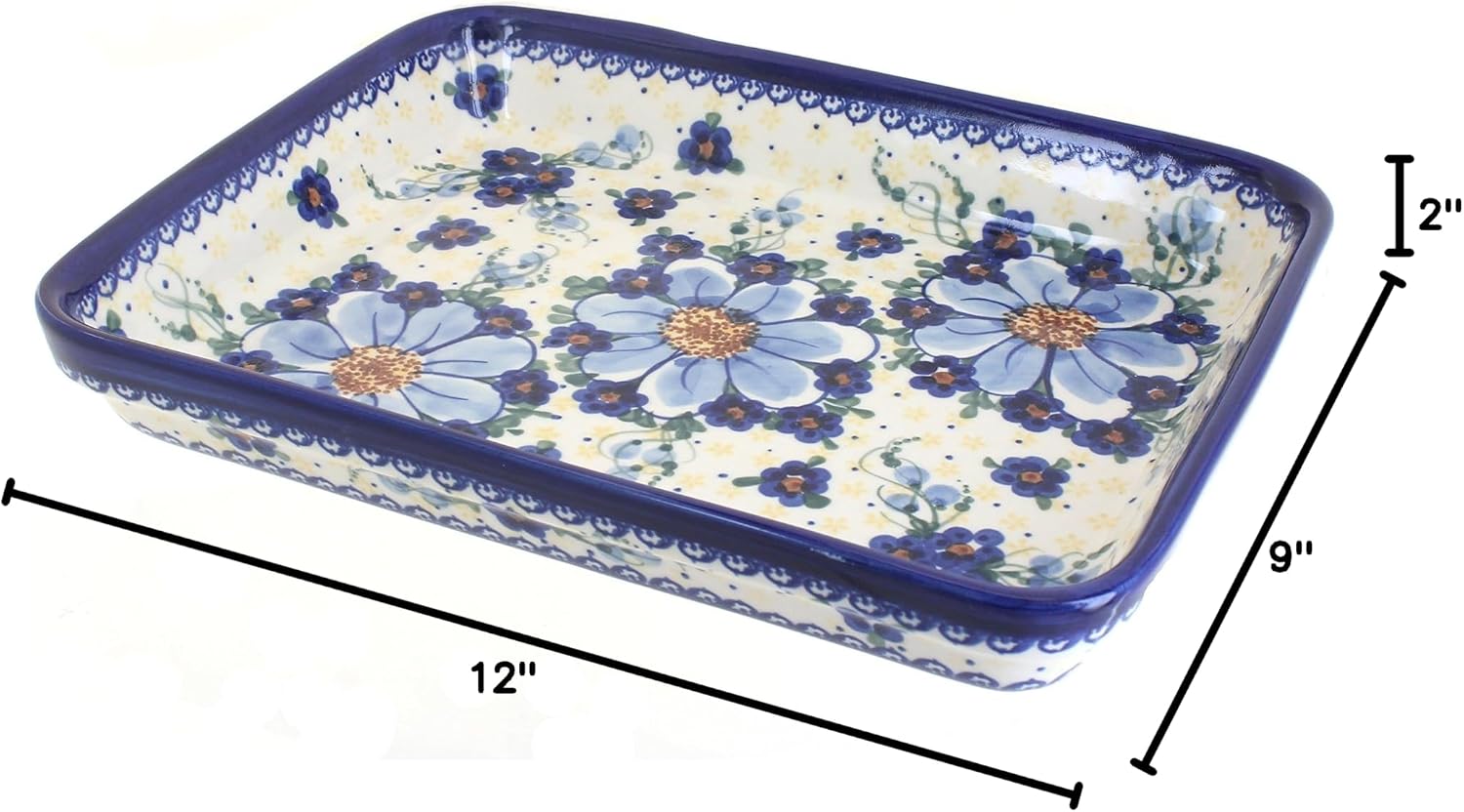 Blue Rose Polish Pottery - Blue Daisy Surprise Medium Rectangular Baker - 12' x 9.25' - Unique, Dishwasher Safe, & Durable Bakeware