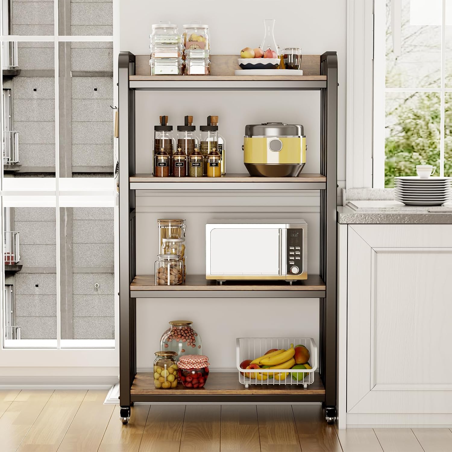 Kitchen Bakers Rack with Power Outlet,With pegboard Bakers Racks,Microwave Oven Stand with Storage 4 Tiers,bakers rack with storage,microwave cart,for Kitchen,Coffee Bar(Vintage Brown,15.75x25.2x55)