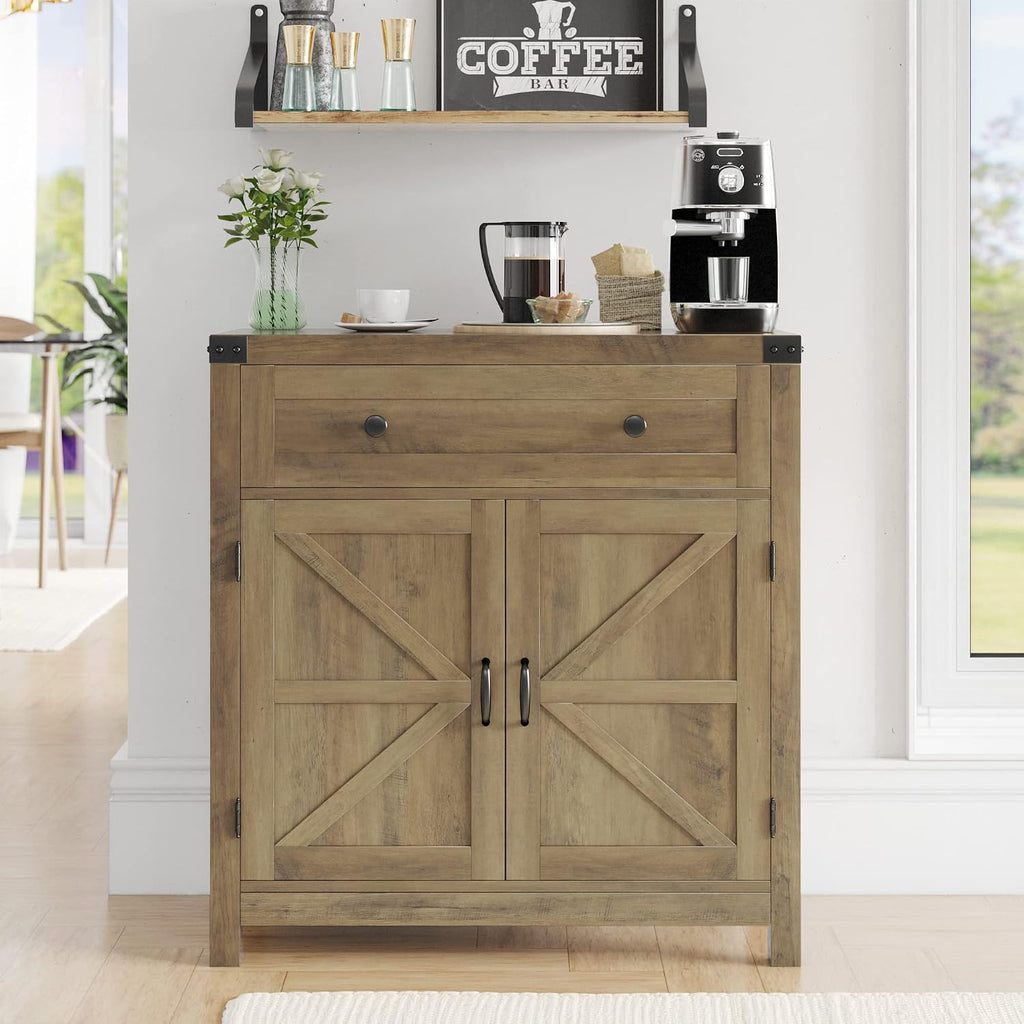 HOSTACK Coffee Bar Cabinet, Kitchen Storage Cabinet, Modern Farmhouse Buffet Sideboard with Drawer and Adjustable Shelf, Barn Door Accent Cabinets for Kitchen, Dining Room, Entryway,Rustic Brown