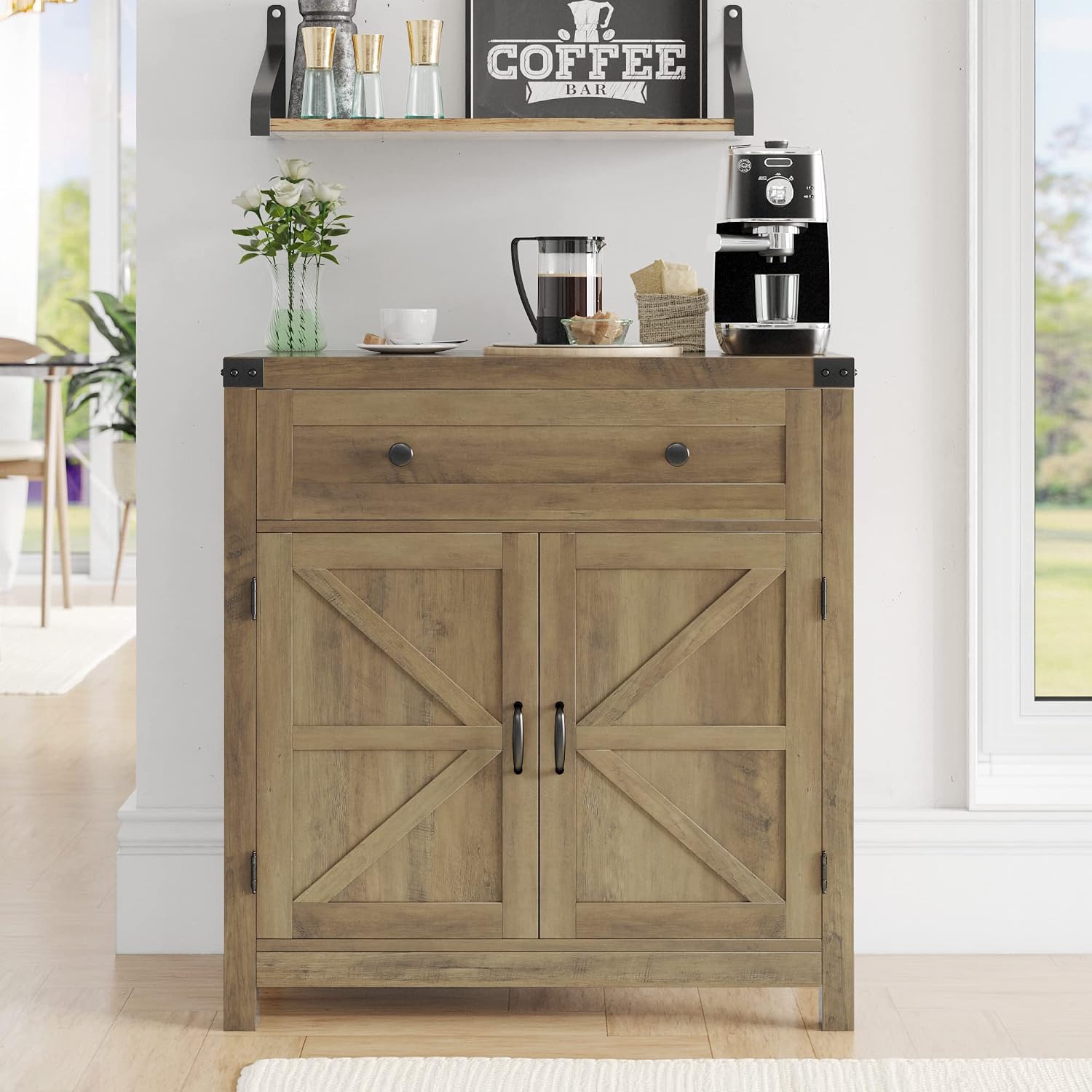 HOSTACK Coffee Bar Cabinet, Kitchen Storage Cabinet, Modern Farmhouse Buffet Sideboard with Drawer and Adjustable Shelf, Barn Door Accent Cabinets for Kitchen, Dining Room, Entryway,Rustic Brown