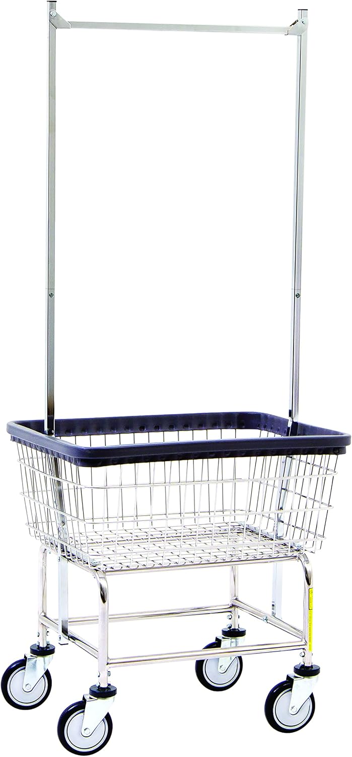 R&B Wire® 100E58 Heavy Duty Wire Laundry Cart with Double Pole Rack | 2.5 Bushel | Steel Frame with Chrome Finish | Commercial Laundry Basket | Industrial Bumper | 5' Clean Wheel System™ Casters