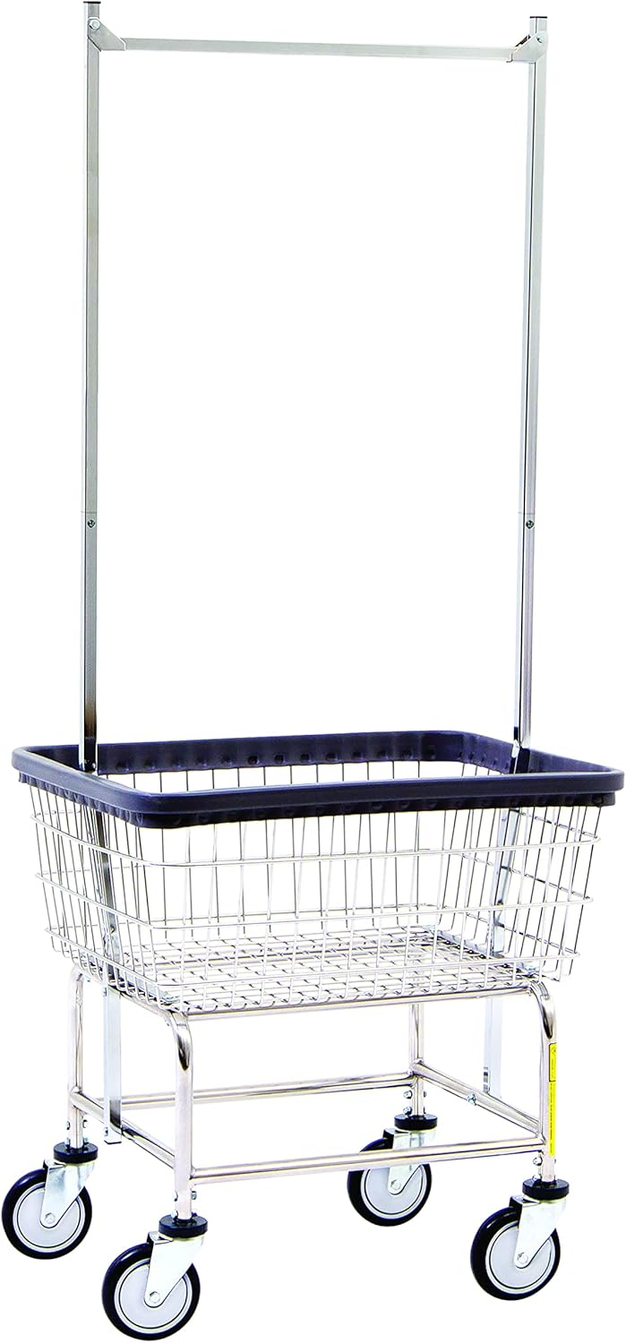 R&B Wire™ 100E58KD Commercial Wire Laundry Cart with Double Pole Rack, 2.5 Bushel, Chrome