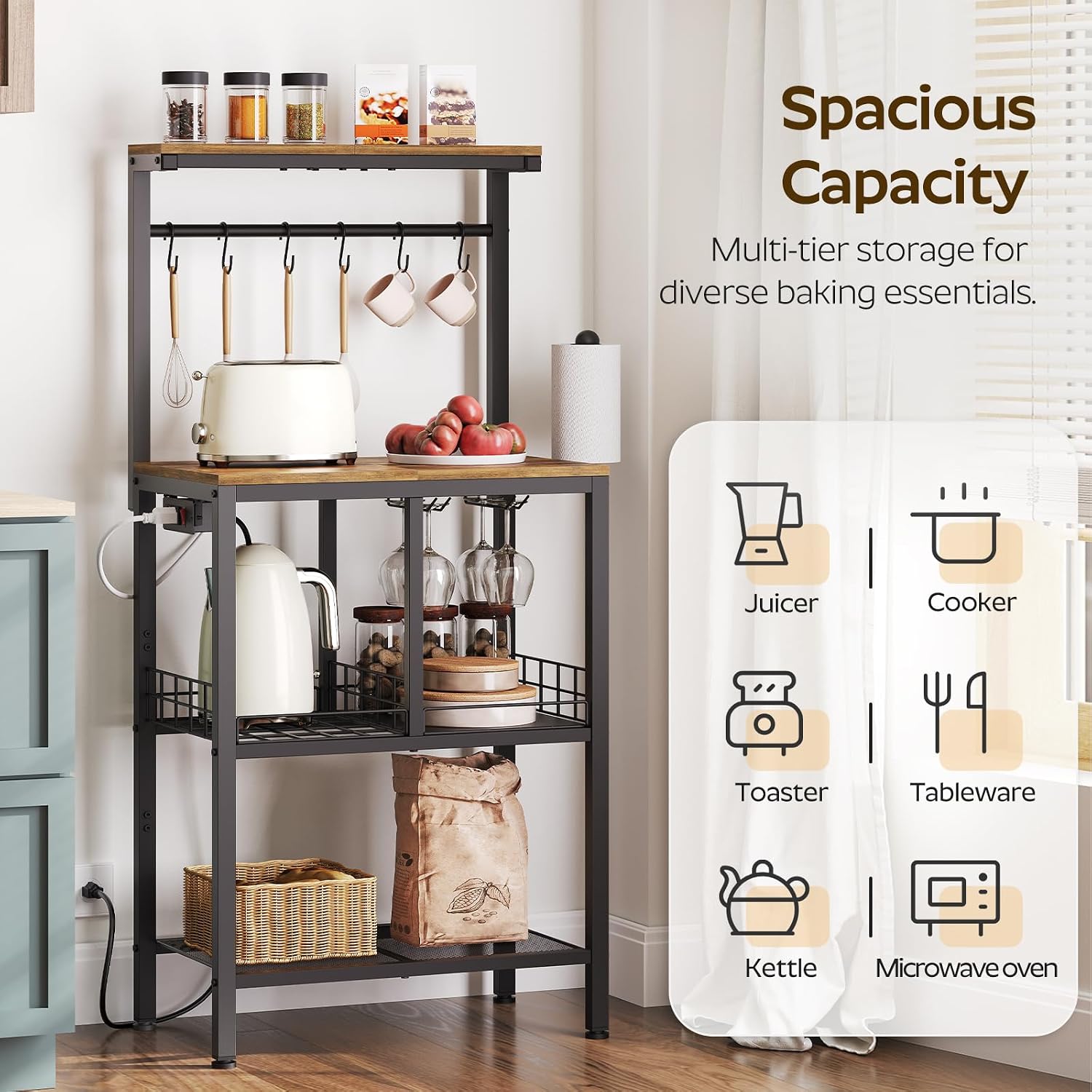YATINEY Bakers Rack with Power Outlet, Microwave Stand with Paper Holder, Bakers Rack with Storage, HB02UBR-KF60BRY1