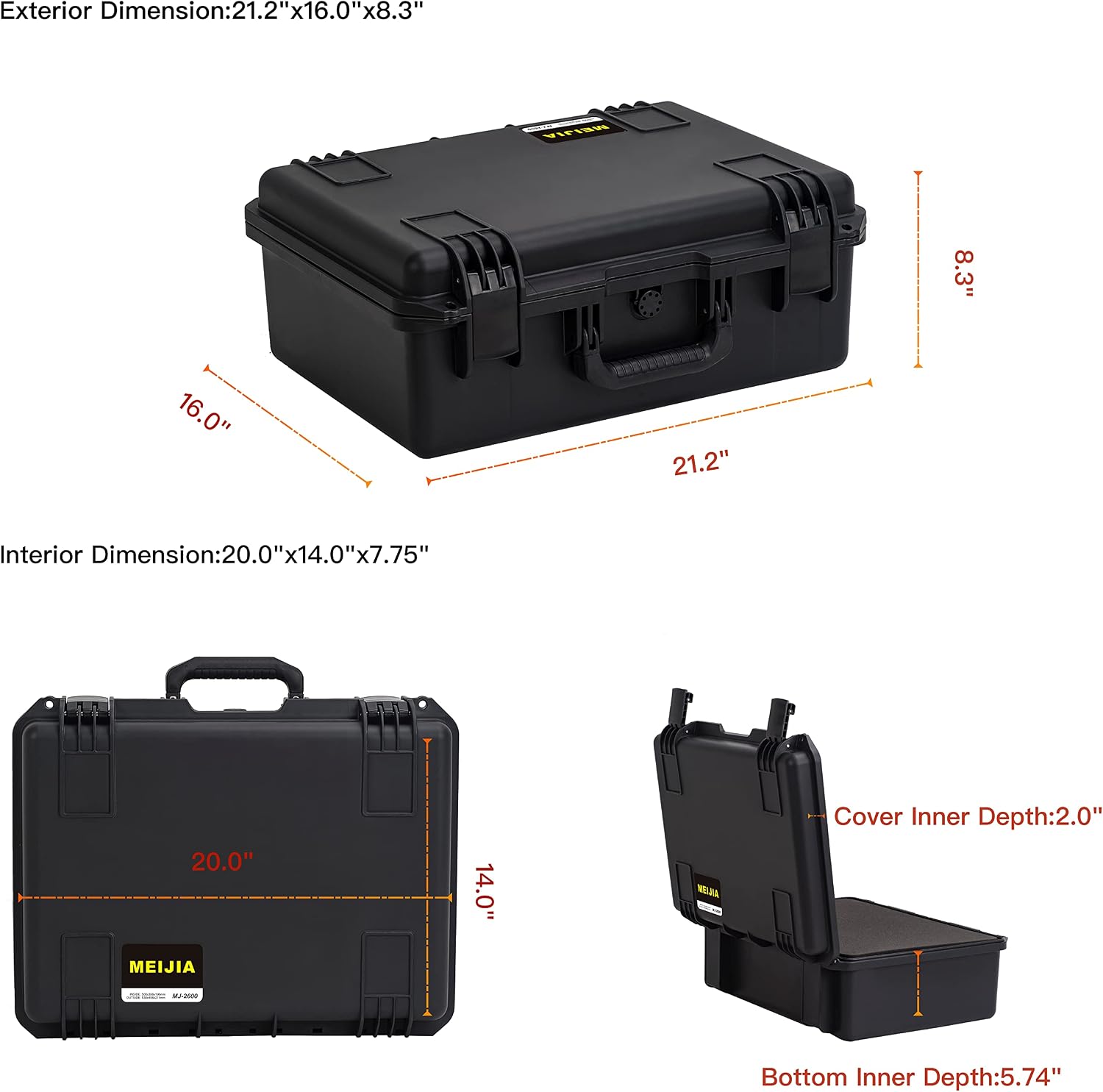 MEIJIA Portable Premium Waterproof Hard Compact Compact Case with customizable fit foam,Lightweight and Strong Design,21.2'x16.0'x8.3',Elegant Black