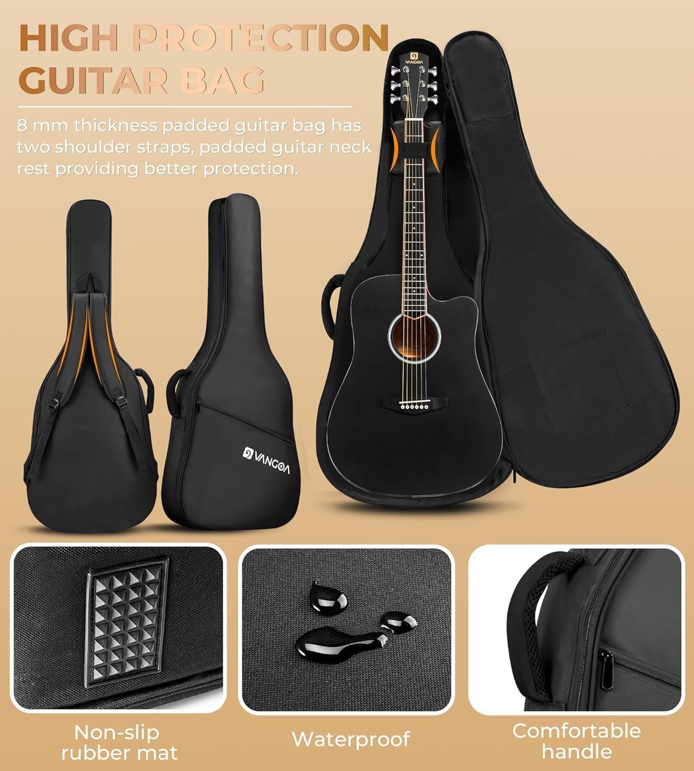 Vangoa Left Handed Guitar, Full Size Cutaway Left Handed Acoustic Guitar Kit for Adult Beginner 41 Inch Lefty Acustica Guitarra Set, Black