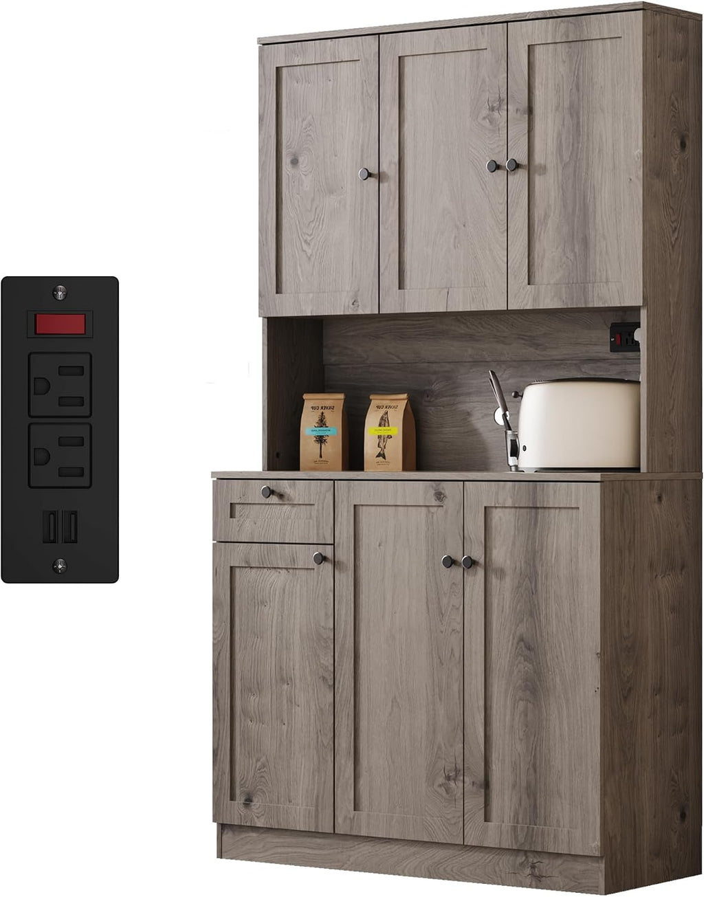 Furnify 71' H Pantry Cabinet with Charging Station, Tall Kitchen Pantry Storage Cabinet with Microwave Stand, Farmhouse Kitchen Hutch with Storage Drawer for Living Room, Dining Room, Ash Grey
