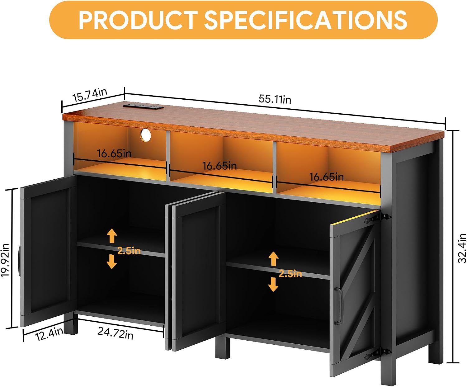 knoworld Buffet Sideboard with Storage with Power Outlets & LED Light 4 Doors, 55'' Large Farmhouse Kitchen Storage Cabinet Wood Coffee Bar Cabinet Buffet Table for Kitchen, Dining Room, Entryway
