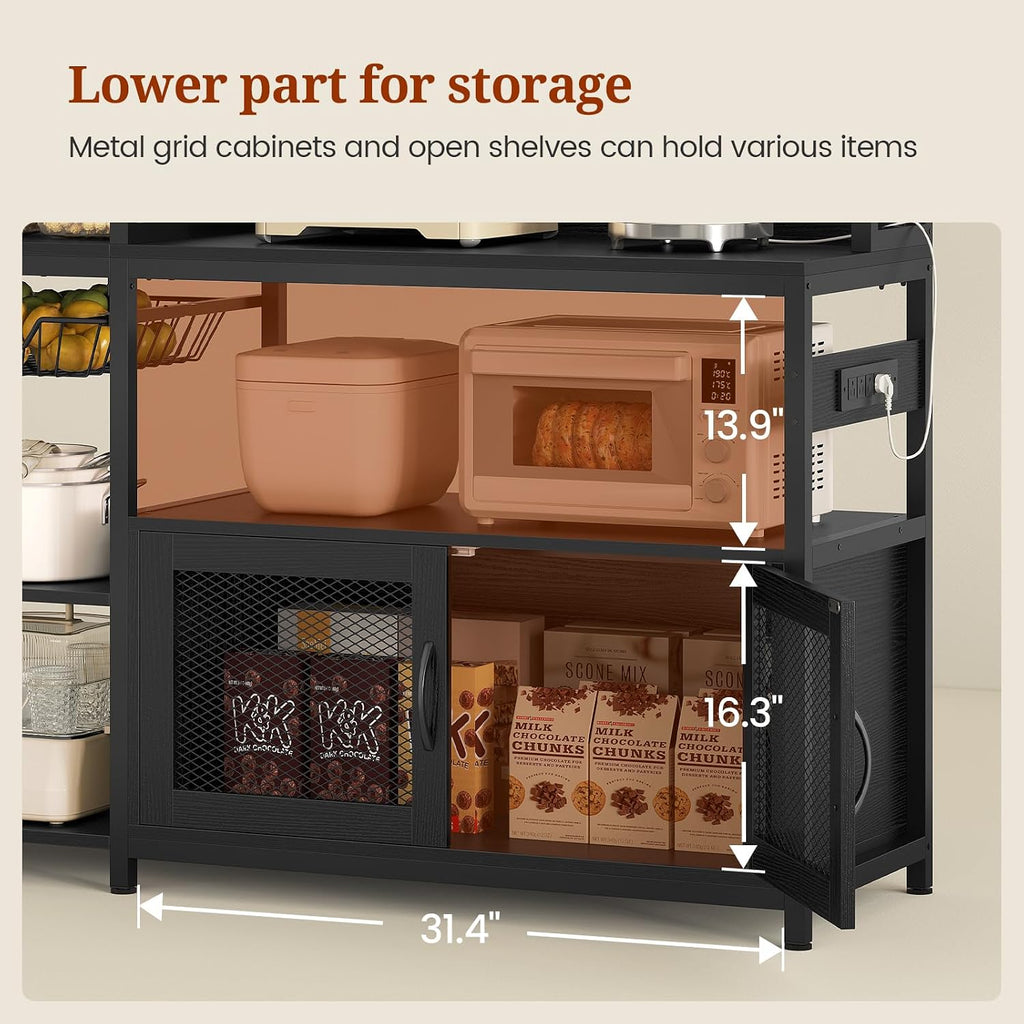 47.2 in Bakers Rack with Power Outlet & LED Light, Coffee Bar with Coffee Pod Holder for Vetuo, Kitchen Microwave Stand with Storage Shelves, Paper Holder, Cabinet, Wire Basket, 8 Hooks (Black)