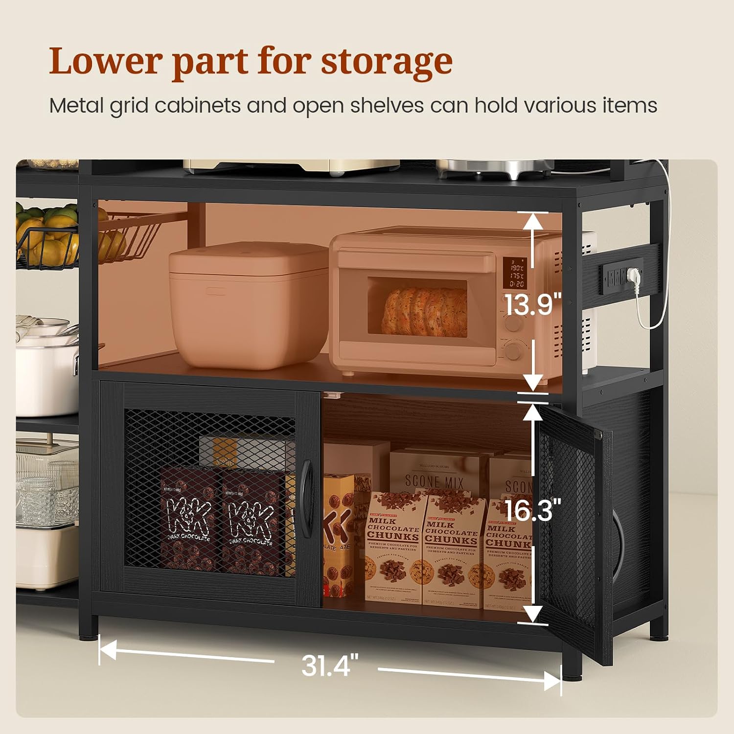 47.2 in Bakers Rack with Power Outlet & LED Light, Coffee Bar with Coffee Pod Holder for Vetuo, Kitchen Microwave Stand with Storage Shelves, Paper Holder, Cabinet, Wire Basket, 8 Hooks (Black)